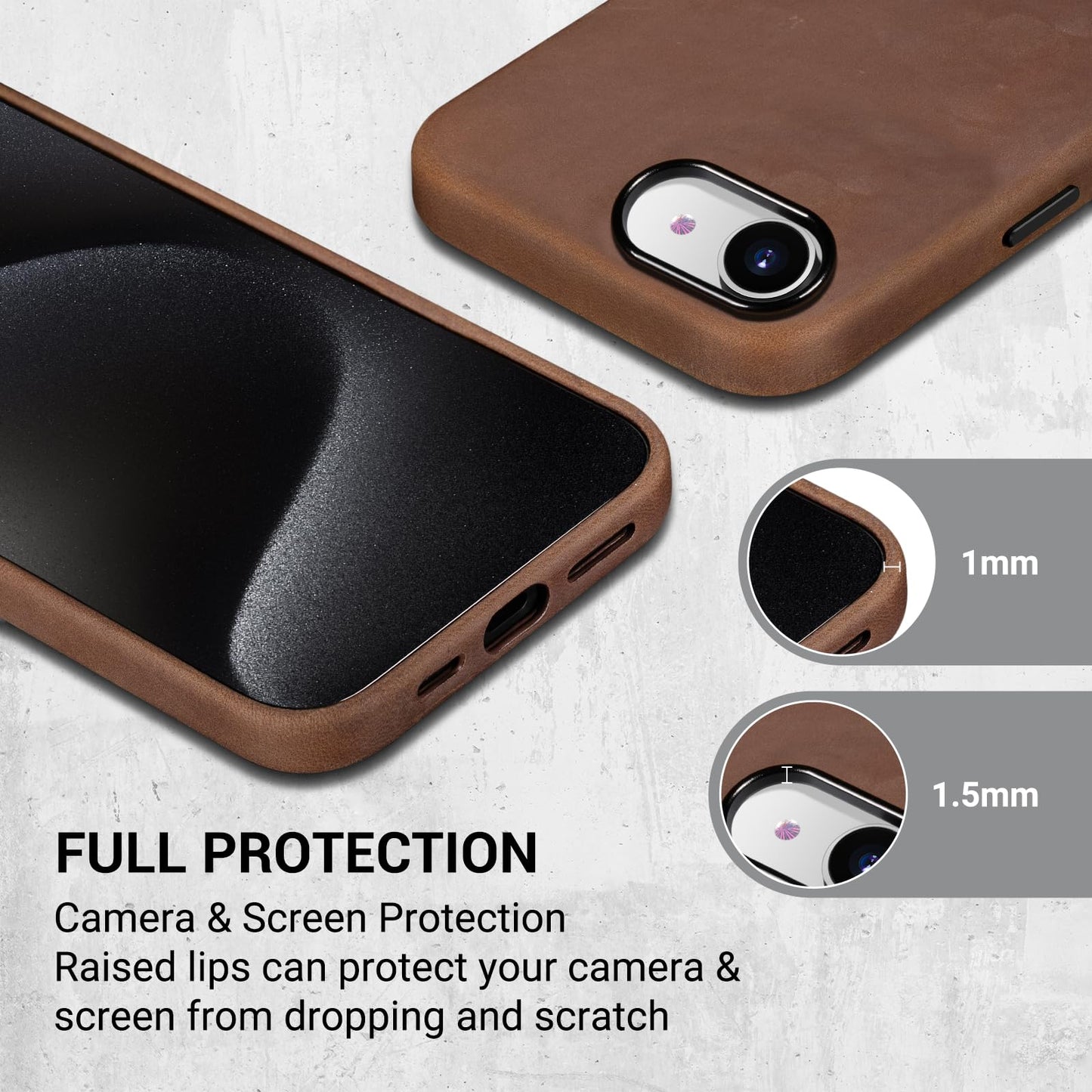 Belemay Handcrafted Crazy Horse Leather Case for iPhone 17e / iPhone 16e, Compatible with MagSafe, Vintage Aesthetic, Two-Tone Effect, Unique Patina, Metal Buttons Cover (6.1"), Vintage Brown