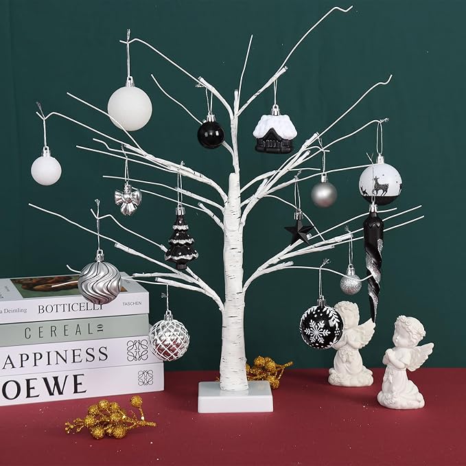 124Ct Black White and Silver Christmas Tree Ornaments Set,Shatterproof Assorted Christmas Decorations for Xmas Tree Snowflake Icicle House Ball Ornaments Baubles for Holiday Party(Black White Silver)