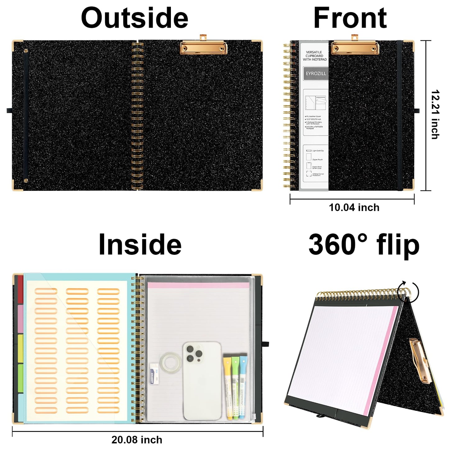 Clipboard with Storage Folio 10 Pockets 5 Tab Dividers Folder Labels Notepad Spiral Black Sparkly Clipboards for School Office