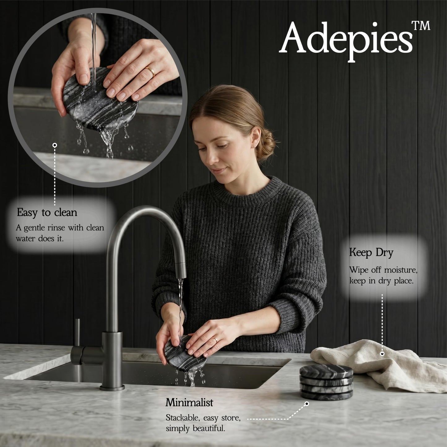 Adepies 3.5" Round Marble Coasters Set of 6, Black Natrual Water-Resistant Stone Drink Pads, Handmade Polished Cup Mats, Non Slip Backing, Office Bar Coffee Table Decor, New Home Housewarming Gifts