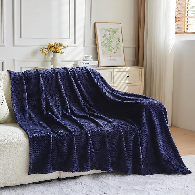 NEWCOSPLAY Super Soft Queen Blanket Dark Navy Premium Silky Flannel Fleece Leaves Pattern Lightweight Bed Blanket All Season Use (Dark Navy, Queen(90"x90"))