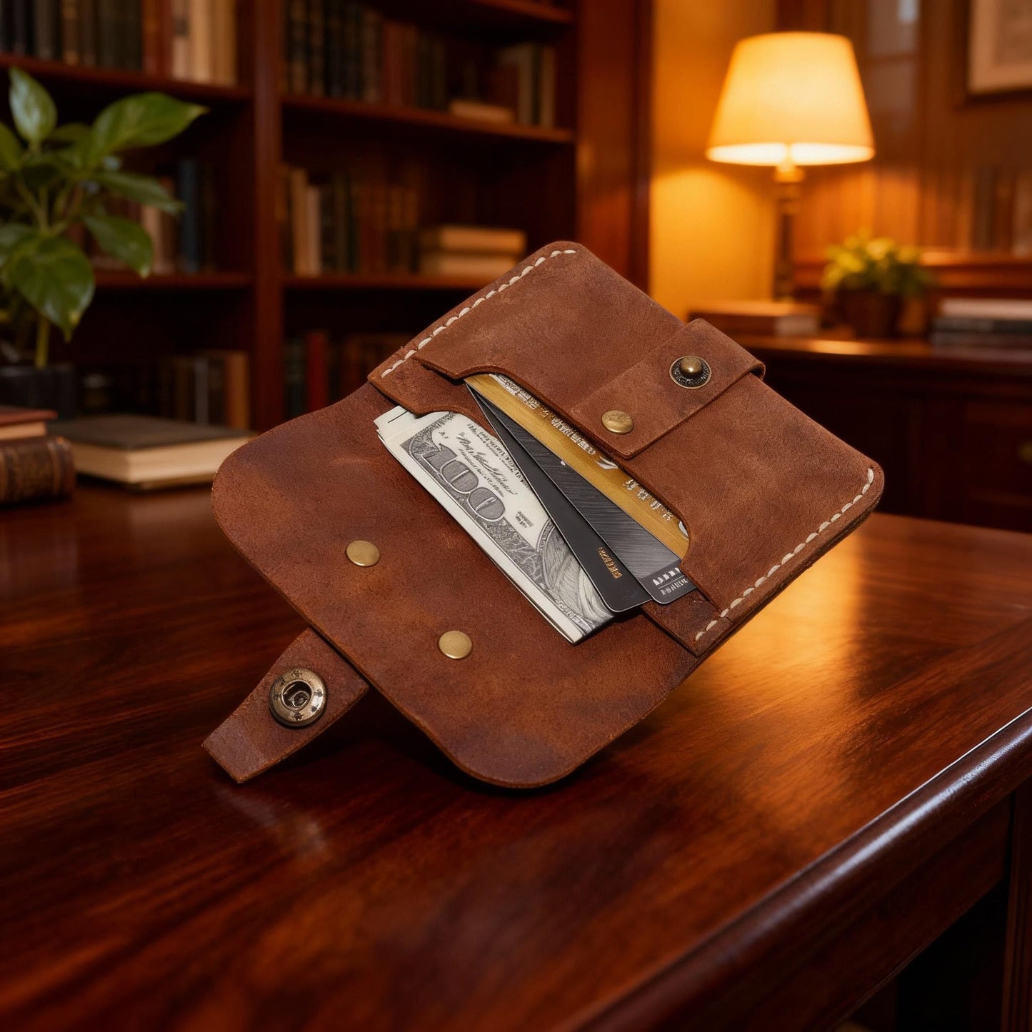 JingRongDa Handmade Vintage Cowhide Leather Card Holder Wallet, Retro Brown Leather Card Case with Snap Closur (Light brown)