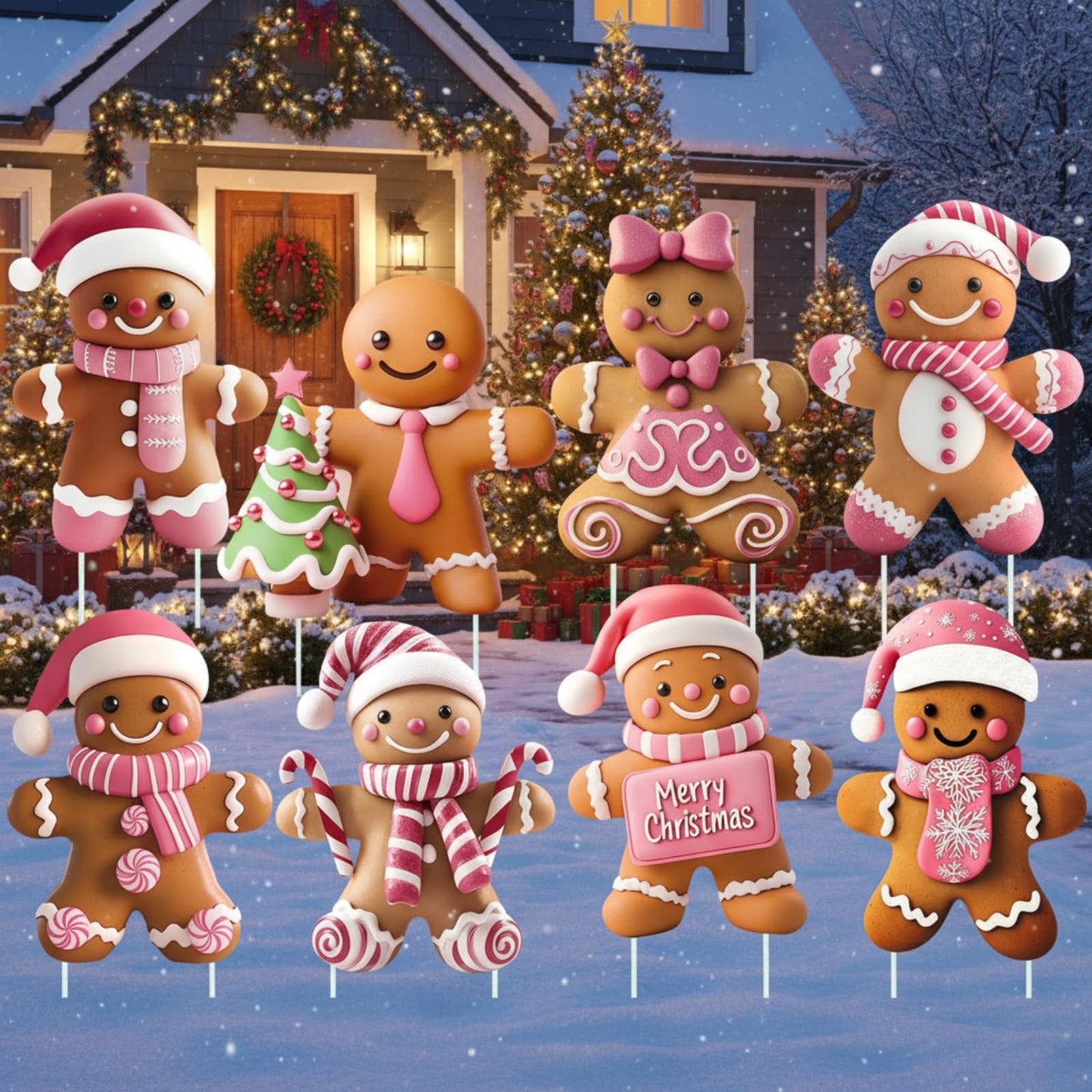 Memorywuu 8 Pcs Christmas Gingerbread Man Yard Signs with Stakes Outdoor 3D Gingerbread House Decoration Xmas Yard Stakes Lawn Signs for Christmas Holiday Pathway Garden Patio Party Favors (Elegant)