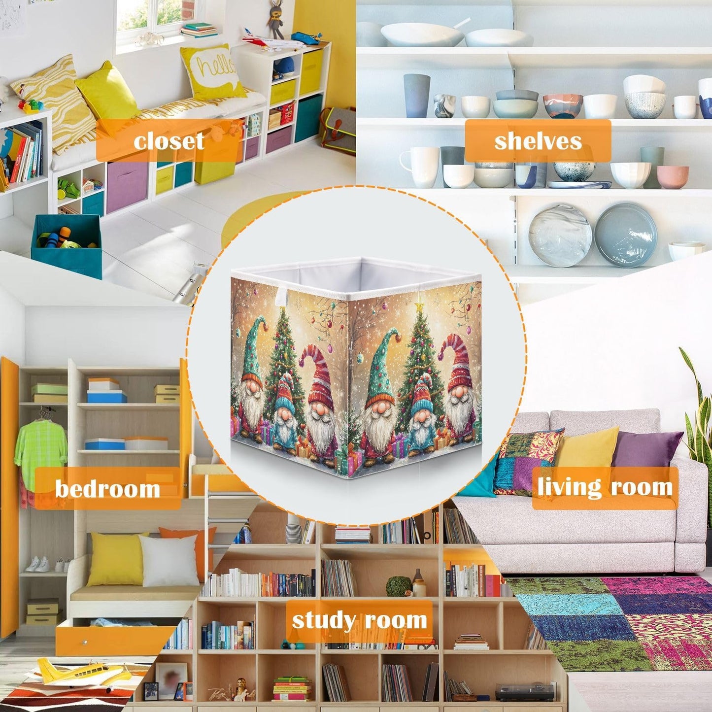 senya Large Storage Bins Gnomes Hats Christmas Collapsible Foldable Storage Cubes Fabric Basket Closet Organizer Containers Box for Home Bedroom Office 15.7 x 10.6 x 6.9in
