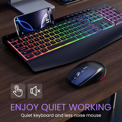 Wireless Keyboard and Mouse Combo- VEILZOR 2.4G Rechargeable Keyboard with Phone Holder, Ergonomic Wrist Rest, 9 RGB Backlit Effects, Silent Keyboard Mouse Set for Windows, Laptop, PC