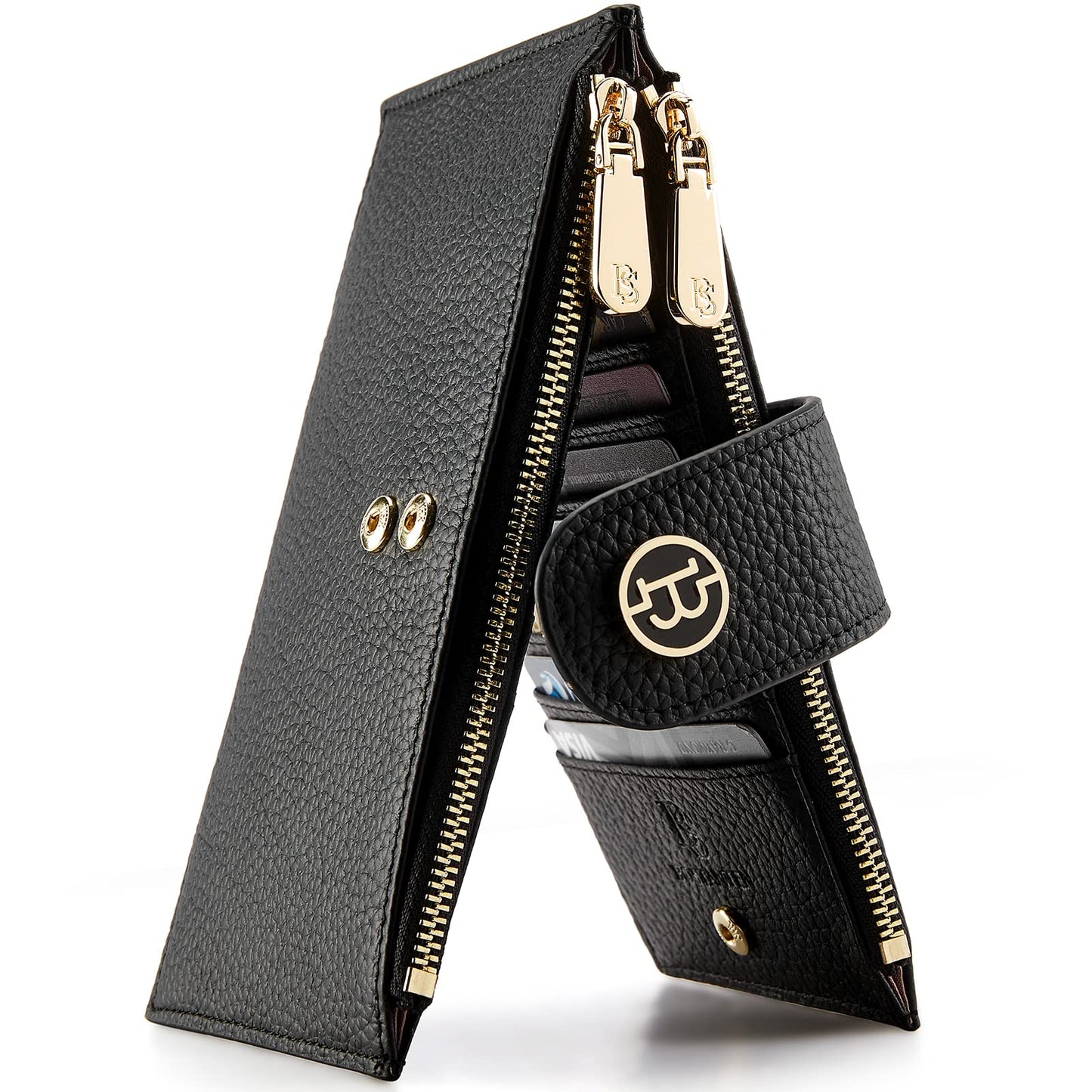 BOSTANTEN Leather Wallets for Women Large RFID Blocking Slim Bifold Purse Card Holder with Zipper Pocket Black