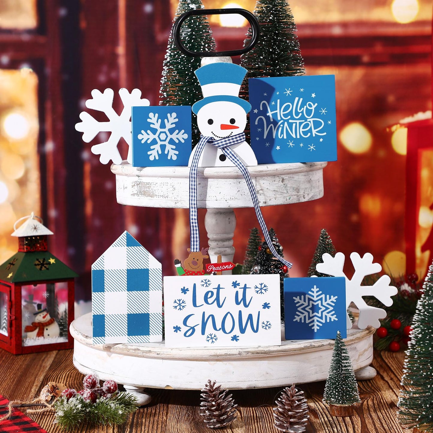 Sawysine 8 Pieces Winter Tiered Tray Decor, Let It Snow Sign Decor Farmhouse Snowflake Wooden Signs for Holiday Shelf Kitchen Coffee Bar(Dark Blue, White)