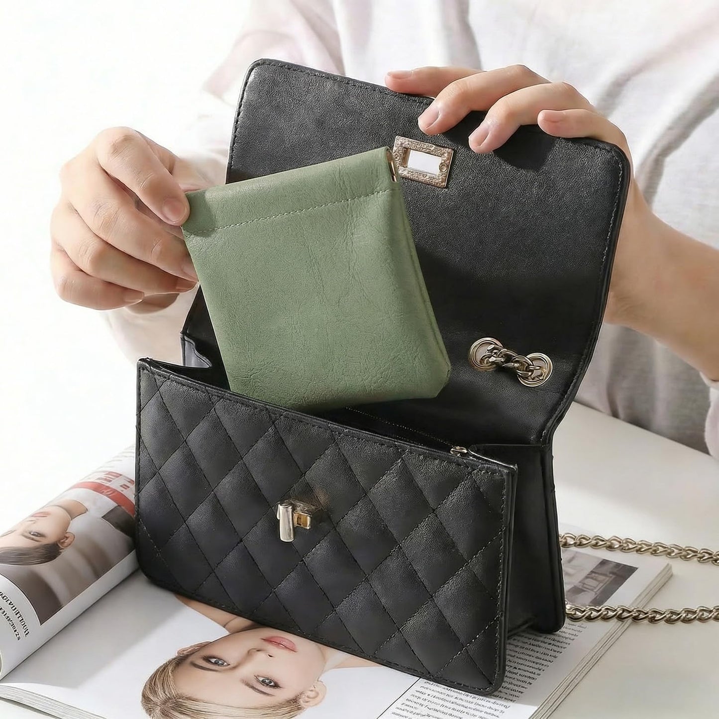 4Pcs Small Makeup Bag for Purse, Mini Leather Pocket Cosmetic Bag for Women, Small Lipstick Purse Pouches for Purse, Small Coin Purse Organizer Pouches, Portable No Zipper Makeup Pouch (Blue, Green)