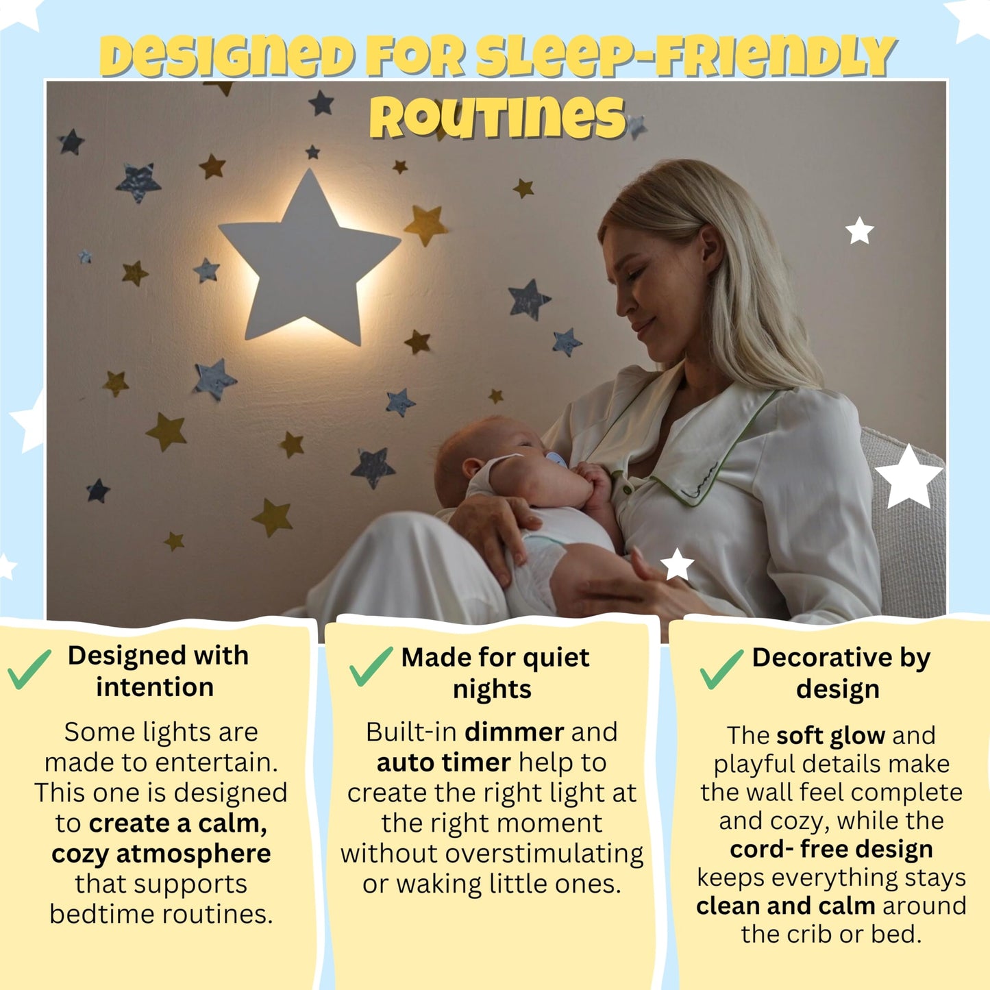 KALEOLI Star Night Light for Nursery - Dimmable & Rechargeable Kids Wall Light - 106 Pcs Moon and Stars Wall Decals Set - 90 Min Timer for Bedtime Routines
