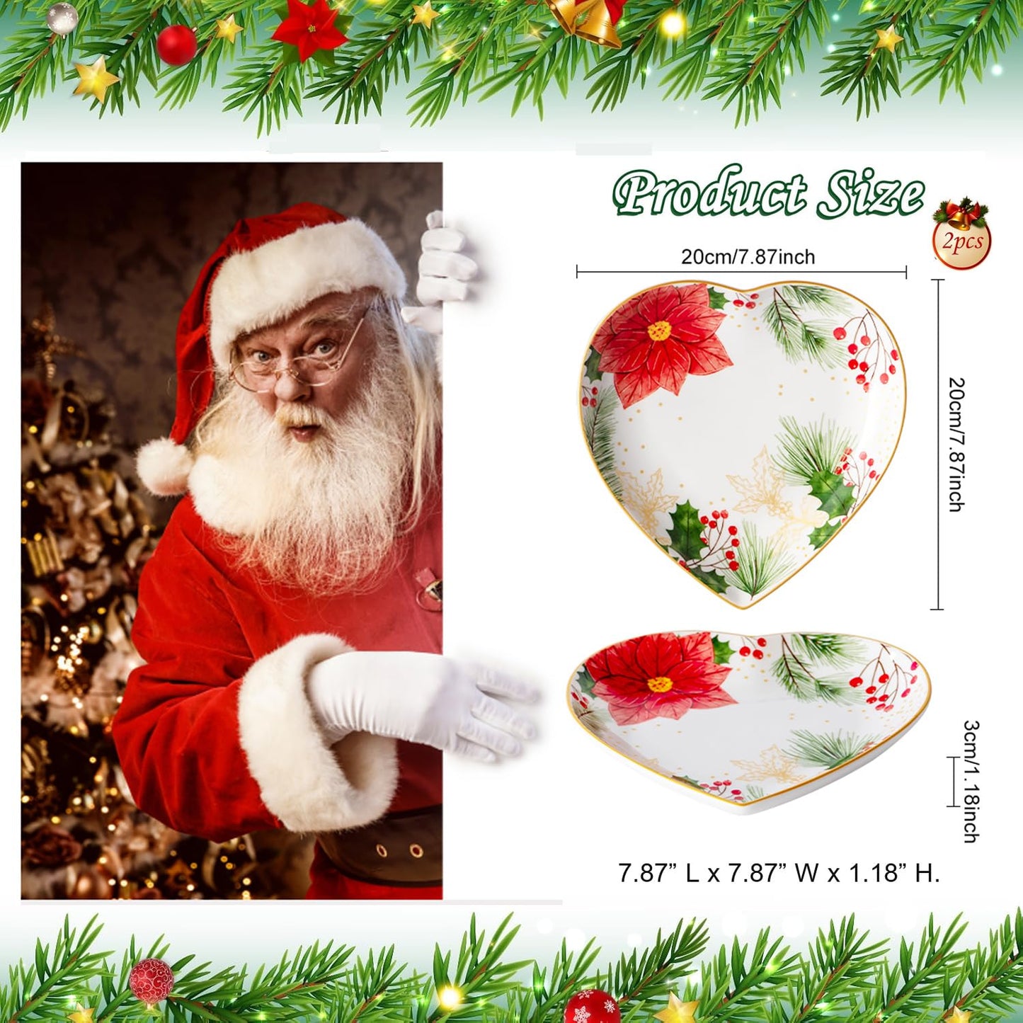 8 Inch Heart Shape Plate with Christmas Pattern, Ceramic Tray for Serving Appetizer, Cake, Candy and Holiday Dishes, for Holiday Table, Christmas Party or Festival Celebrations, Set of 2, Red Berries