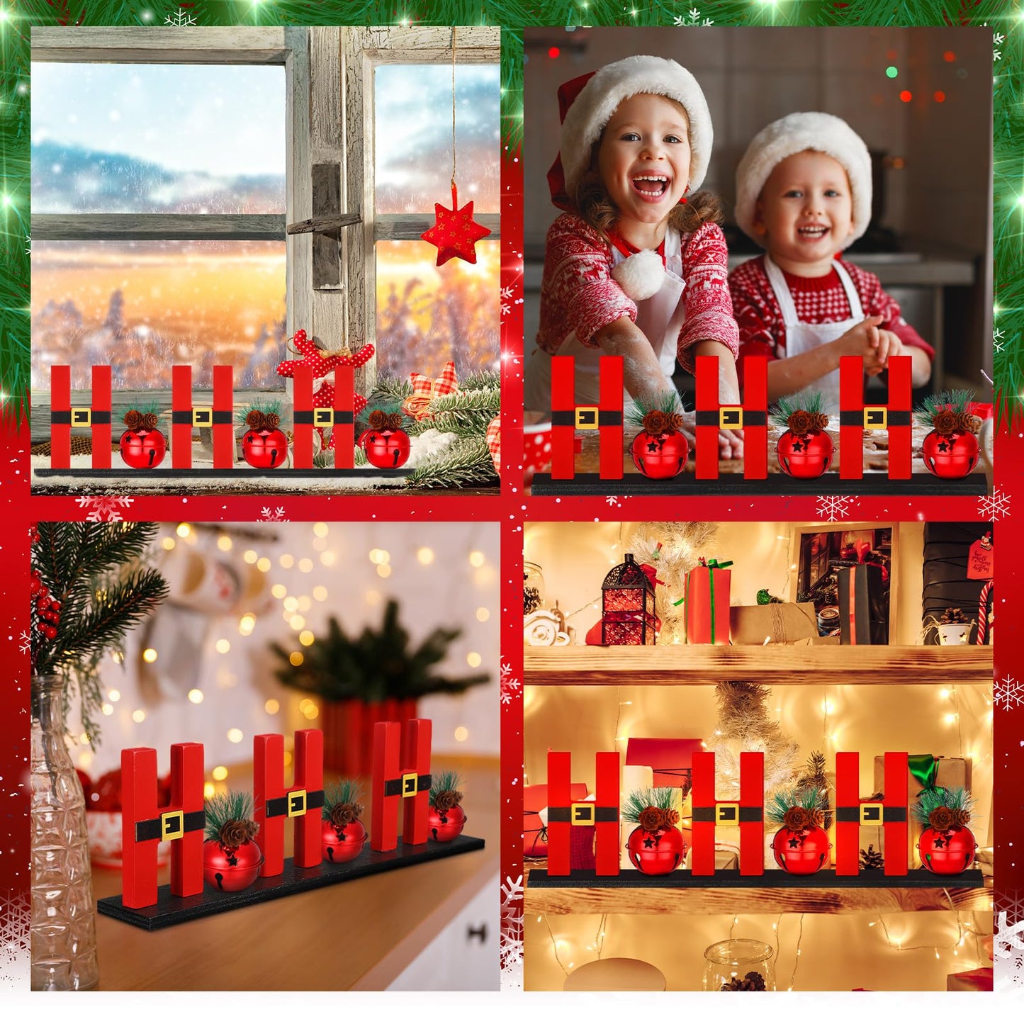 AceOrbit Christmas Table Decorations 13.7 Inches Hohoho Sign with Red Glitter Bells, 3D Christmas Letters Wood Freestanding Tabletop Centerpiece Santa Claus Design for Home Xmas Holiday Decor