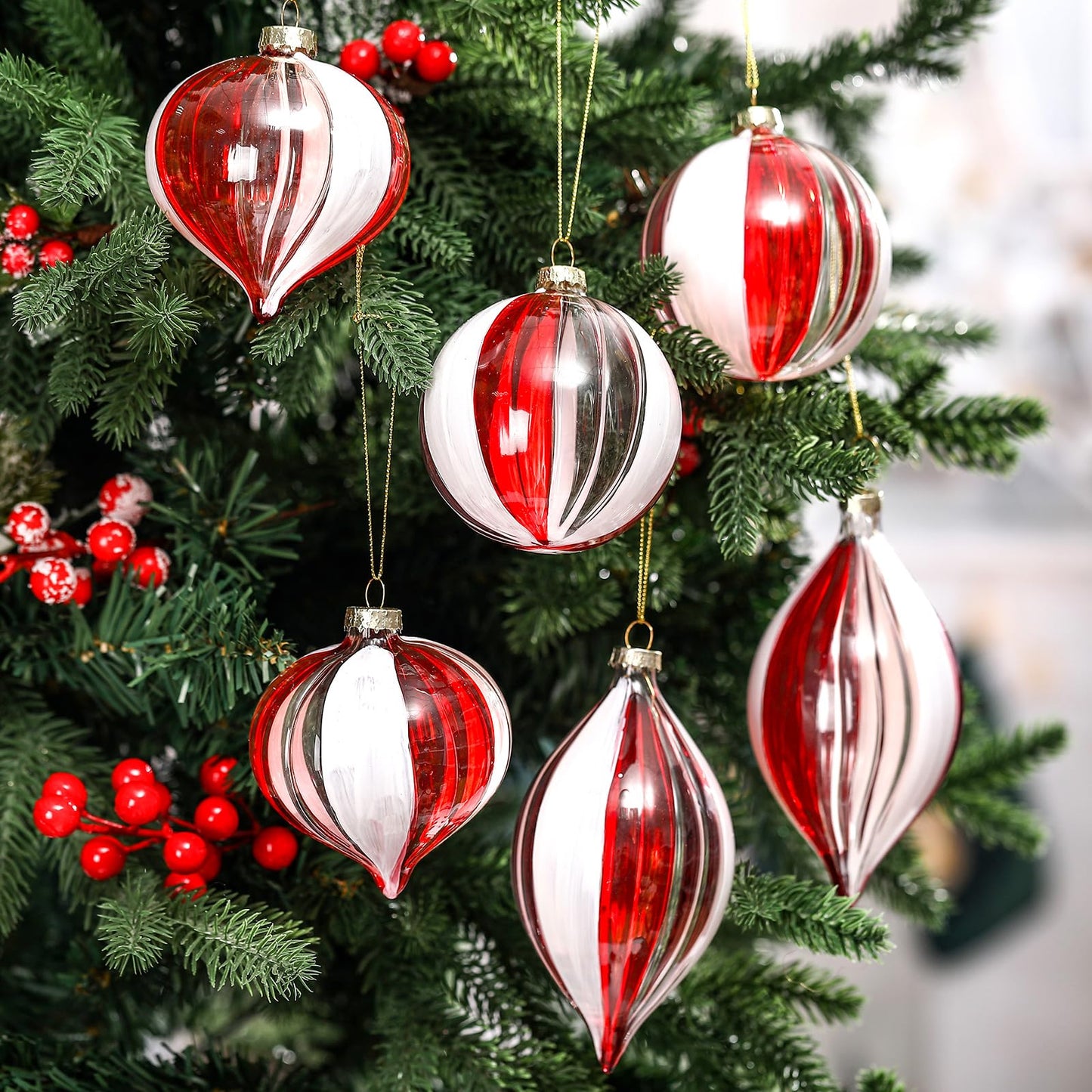 Motionchic 6 Pcs Christmas Candy Balls Ornament Glass Christmas Tree Decorations Red and White Striped Peppermint Hanging Xmas Decorations for Trees Party Wedding Holiday, 3 Styles