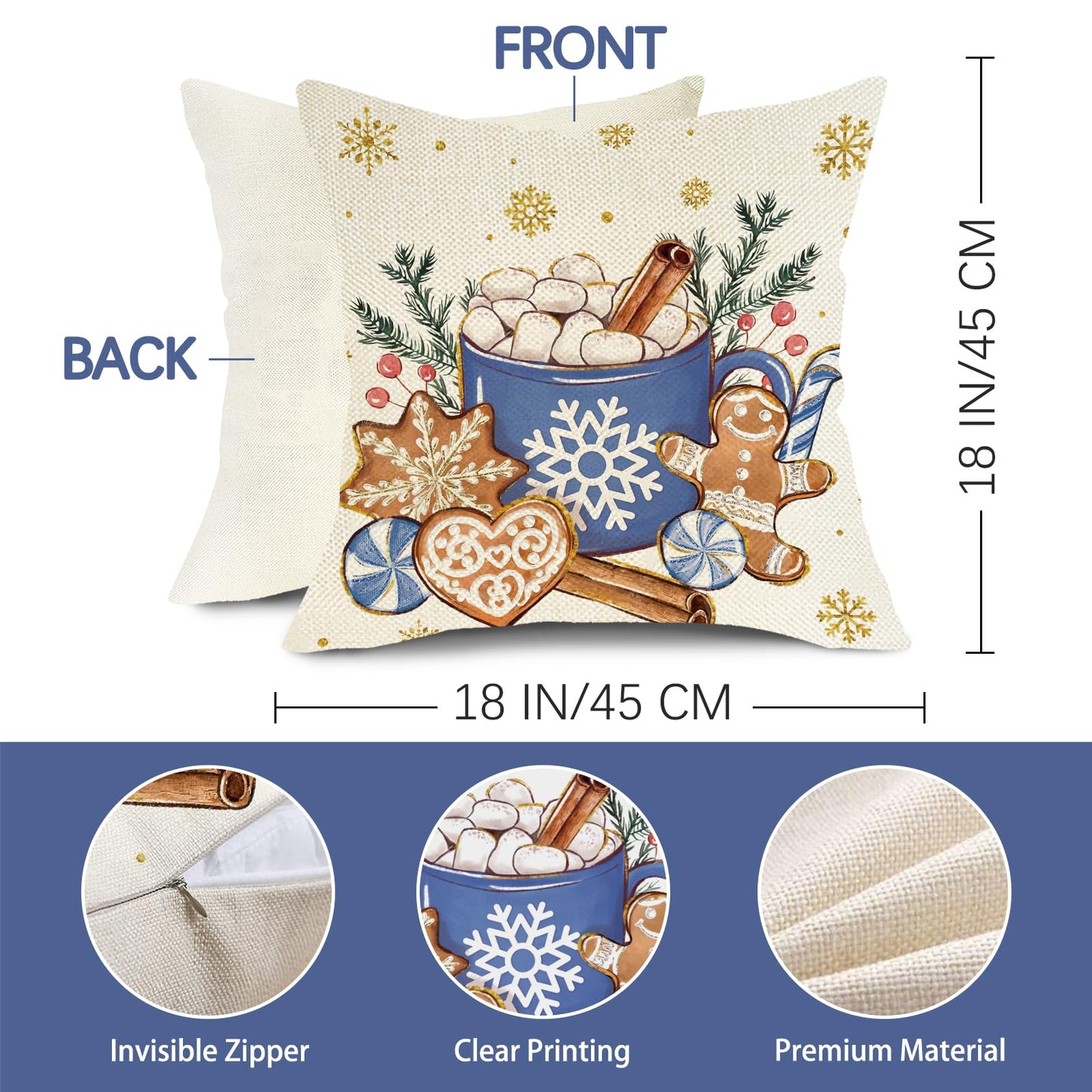 Fjfz Hello Winter Dark Blue Decorative Throw Pillow Covers 18 x 18 Set of 4, Christmas Get Cozy Hot Cocoa Gingerbread Man Porch Outdoor Home Decor, Snowflakes Snowman Seasonal Couch Cushion Case
