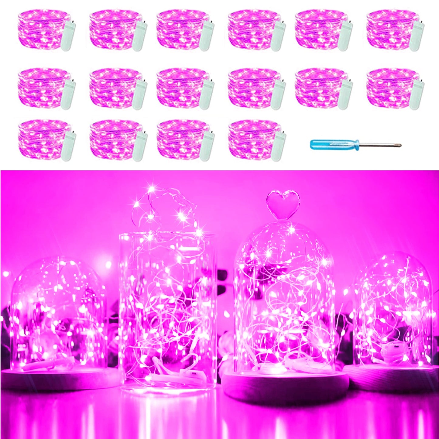 SunKite 16 Packs 20 LED Fairy String Lights Battery Operated Waterproof 6.6 Feet Silver Copper Wire Firefly Starry Moon Lights for DIY Costume Wedding Party Bedroom Table Decor (Pink)