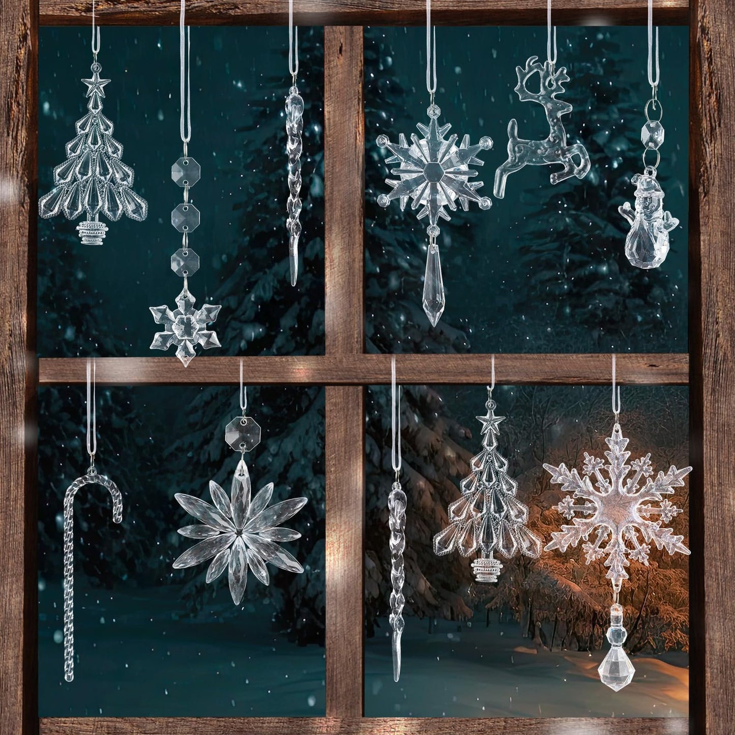 Crystal Christmas Tree Ornaments Snowflakes Decorations, 18Pcs Clear Acrylic Snowflake Hanging Ornaments with Icicle Drop Reindeer for Xmas Tree Winter Holiday Wedding Home Party Decor