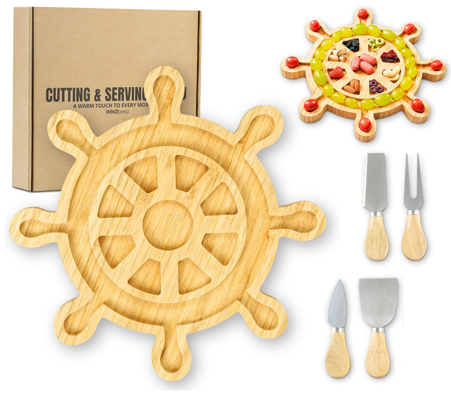 Boating Charcuterie Board, Boat Owner Gifts for Men/Women, 11.81 * 11.81 * 0.78 inches Cheeses Charcuterie Wood Cutting/Serving Board Set with 4 Matching Spreaders for Thanksgiving Christmas