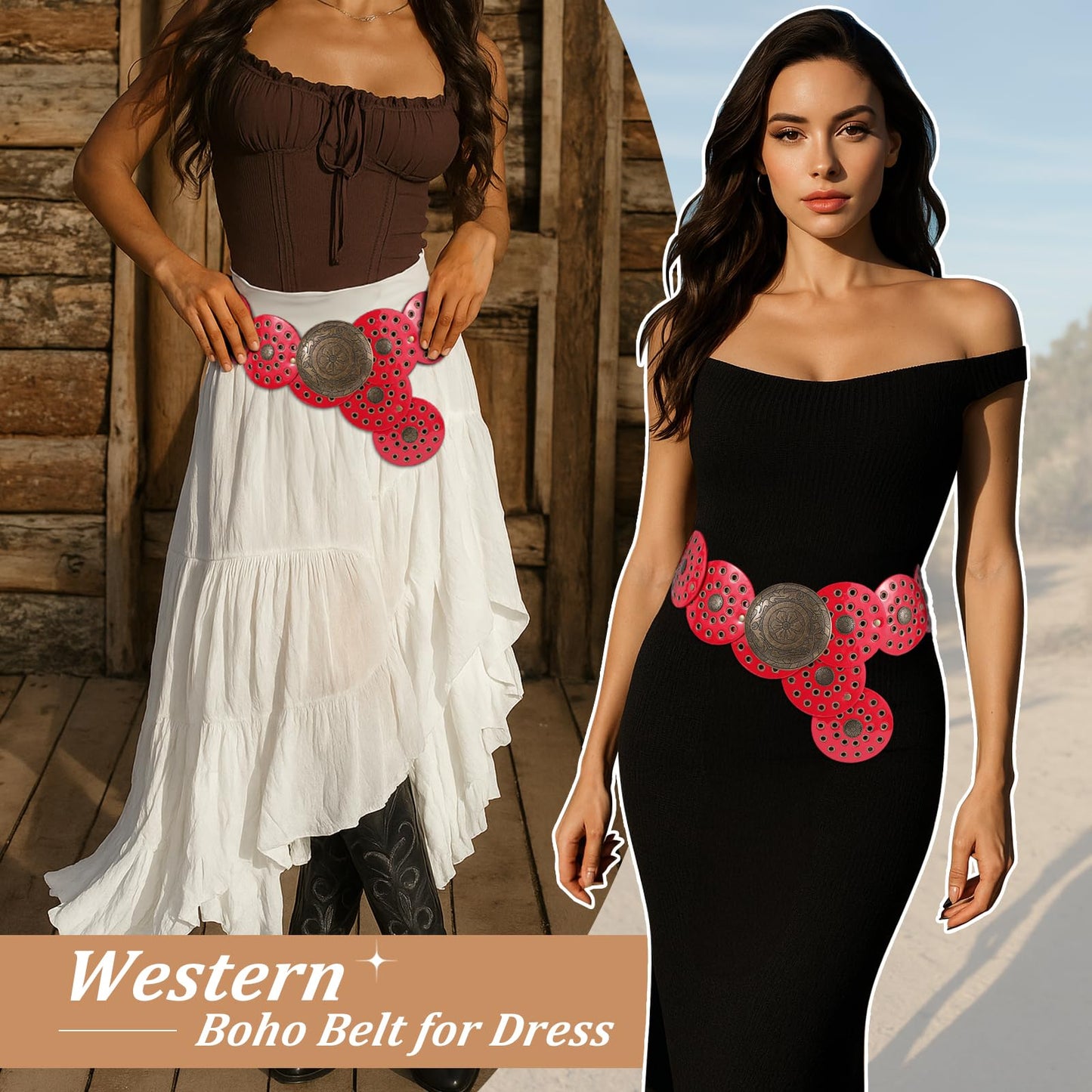 WERFORU Women Wide Western Disc Belt Cowgirl Boho Leather Belt for Jeans Dress