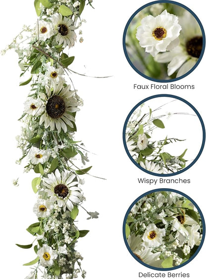 Sullivans Greenery Garland, Sunflower & Wispy Berry Spring Garland for Indoor, 66" White Flower Faux Life-Like Flower Garlands for Mantle Decor, Living Room, Home, & Office Fireplace Decorations