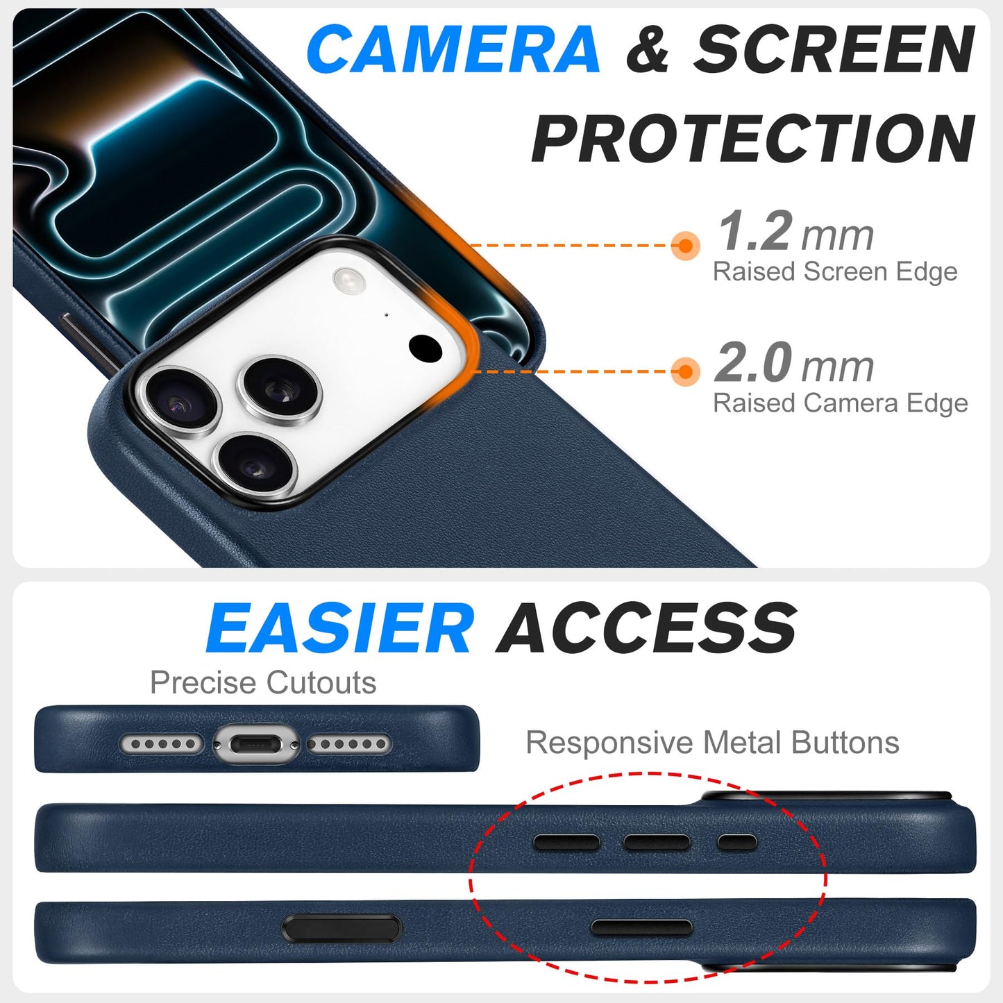 SHIELDON Genuine Leather Case for iPhone 17 Pro Max 6.9" 2025, [Camera Button Updated], Compatible with Magsafe, Magnetic Wireless Charging, Slim Fit, Non-Slip, Anti-Scratch, Shockproof - Navy Blue