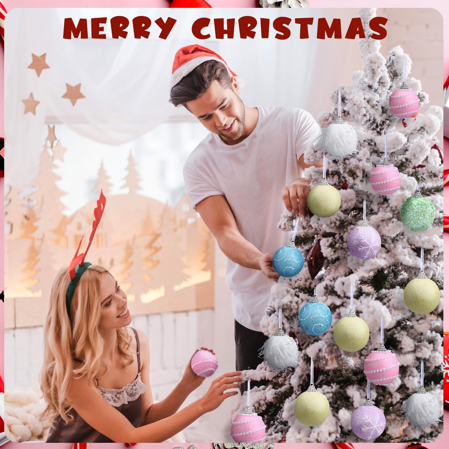 Syhood 12 Pcs 2.4 Inch Pastel Winter Tree Ornament Pink Yellow Blue Shatterproof Xmas Ornament Glitter Foam Winter Balls Tree Decoration for Home Xmas Holiday Candyland Party Centerpiece