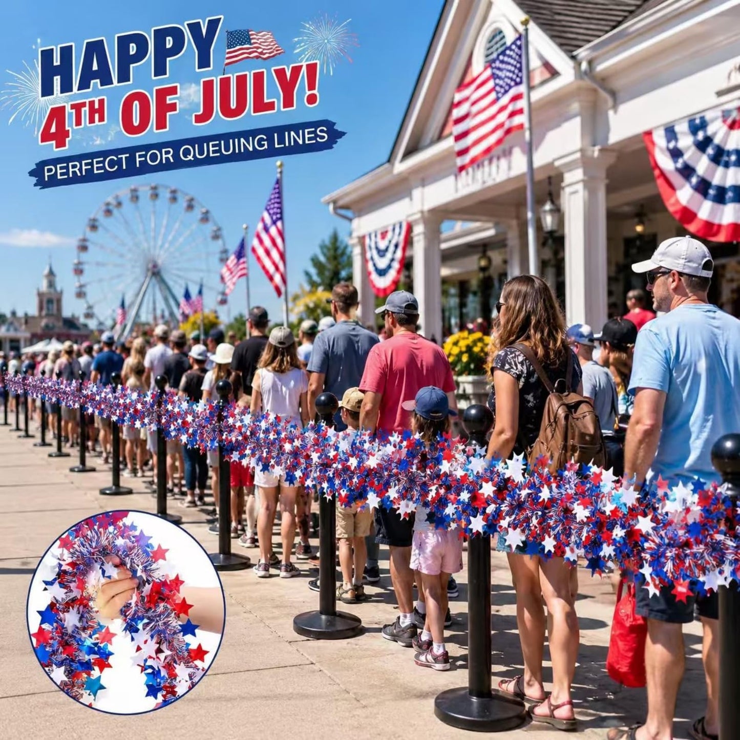 YunPuff 33Ft 4th of July Sequin Star Garland, Red White Blue Metallic Tinsel Twist Garland with 5-Pointed Stars, 2026 Patriotic Independence Day Decor for 250th Anniversary Home Staircase Porch