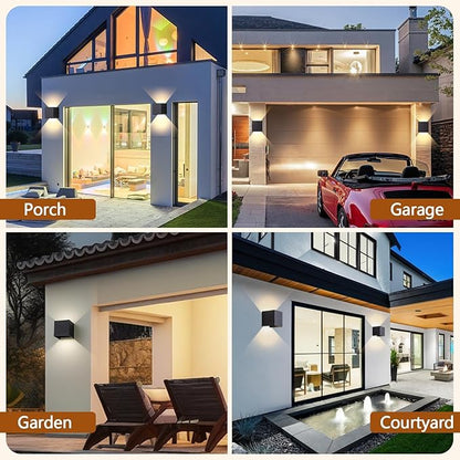 4 Pack LED Outdoor Wall Sconces Exterior/Interior,Modern Black Square Aluminum Wall Light Fixture Set,Variable Beam IP65 Waterproof Lights.15W 3-Color-Changeable Up and Down Outdoor Lighting Fixtures.
