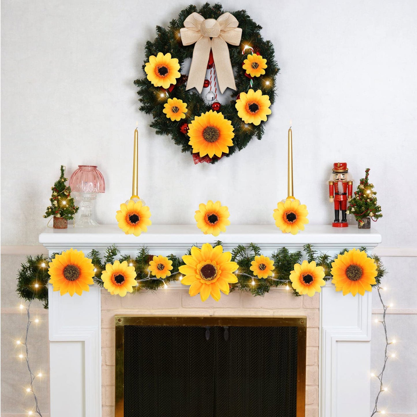 Jetec 60 Pieces Artificial Sunflower Heads with 80 LEDs String Light and Bow, Christmas Sunflower Tree Decoration Kit Yellow Artificial Floral Ornaments for Christmas Tree Home Fireplace Party Decor