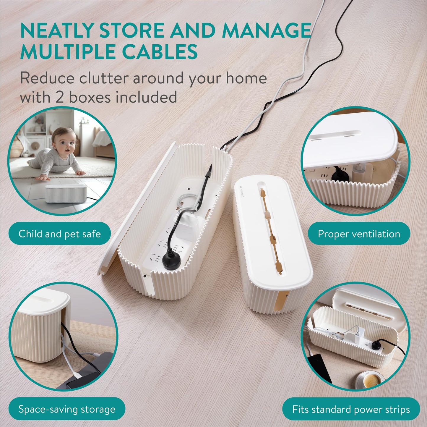 Navaris Ribbed Cord Boxes - Stylish Cable Management Box - Cord Wire Organizer to Hide Cords - Power Strip Hider Storage Box - for Desk Desktop & TV Cable Management - Set of 2