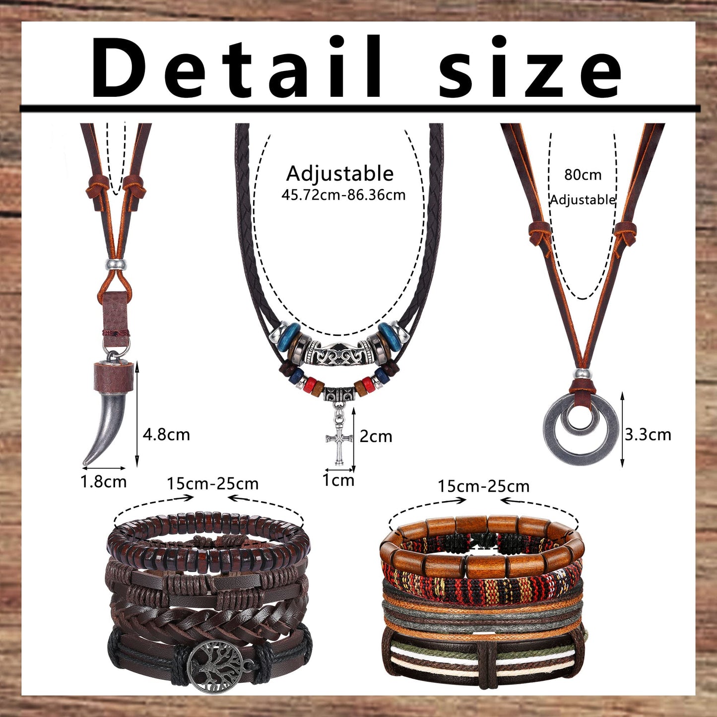 Sanfenly Leather Necklace Bracelet for Men Tribal Wolf Tooth Wood Bead Cross Pendant Necklaces Braided Wristband Vintage Brown Jewelry Set Adjustable