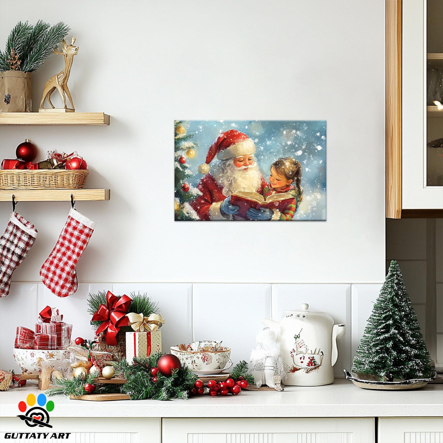 GUTTATY Christmas Canvas Wall Decor, Santa & Girl Reading Book Christmas Pictures Decor, Snow Scene Christmas Canvas Wall Art Prints, Christmas Tree Canvas Artworks for Living Room 18x24 Inch