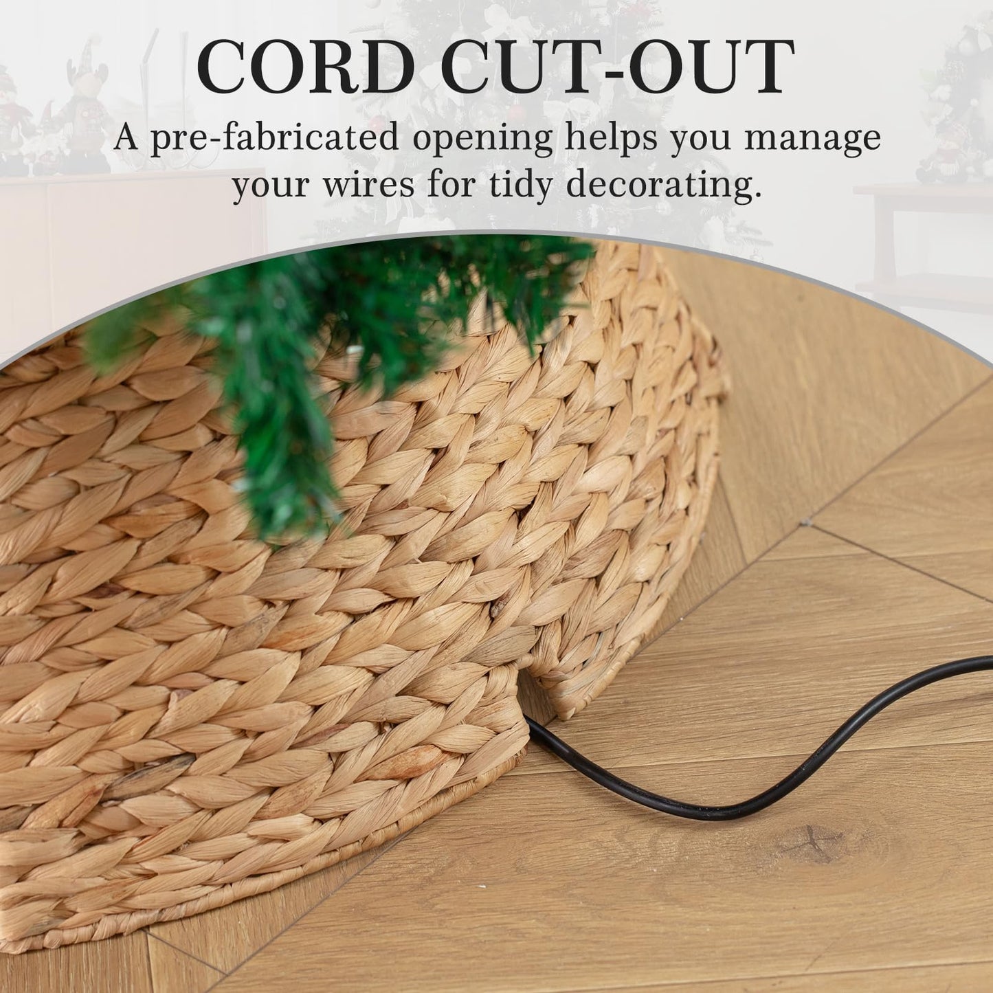 Voplintra 28in Large Christmas Tree Collar - Woven Hyacinth Tree Collars for Artificial Trees - Rattan Rustic Farmhouse Basket for Tree Base Cover with Cord Cut-Out for 6ft 7.5ft Tree (Natural)