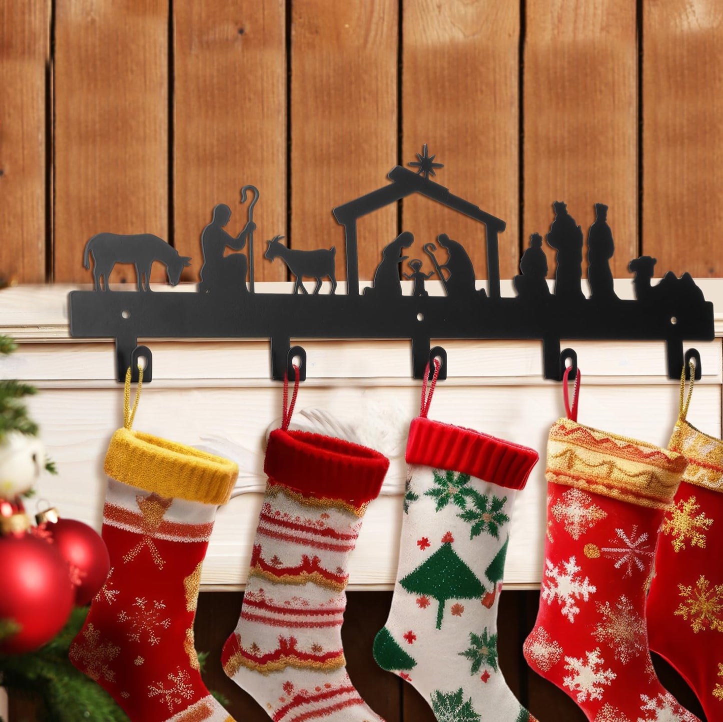 Blulu 1 Pcs Christmas Stocking Wall Rack with Hangers Holder Stand Metal Stocking Hangers Mantel Wall Mount Hook Holder for Mantle Entryway Holiday, Black (Nativity)