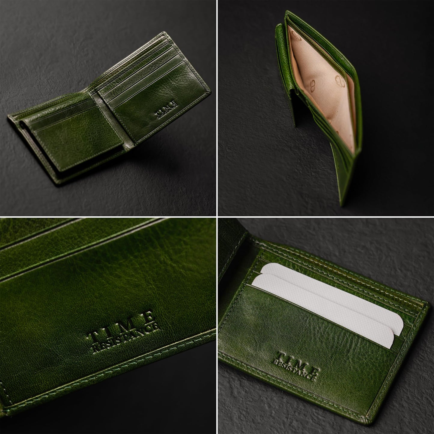 Time Resistance Leather Wallet – Italian Handmade Minimalist Design Wallet - Billfold Credit Card and Cash Holder (Green)