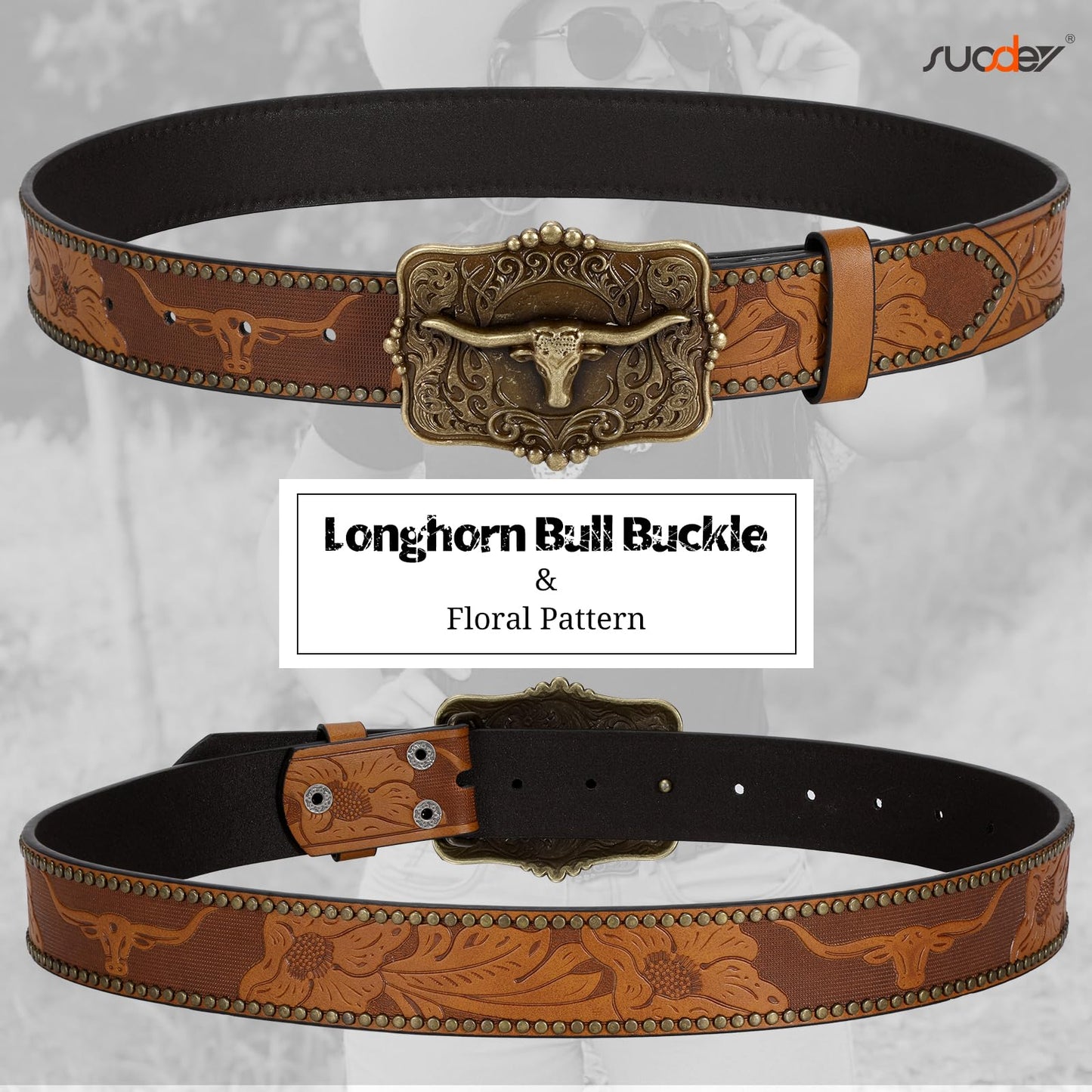SUOSDEY Women Western Leather Belt, Cowboy Cowgirl Belt for Jeans Pants Longhorn Bull Big Buckle Belt brown