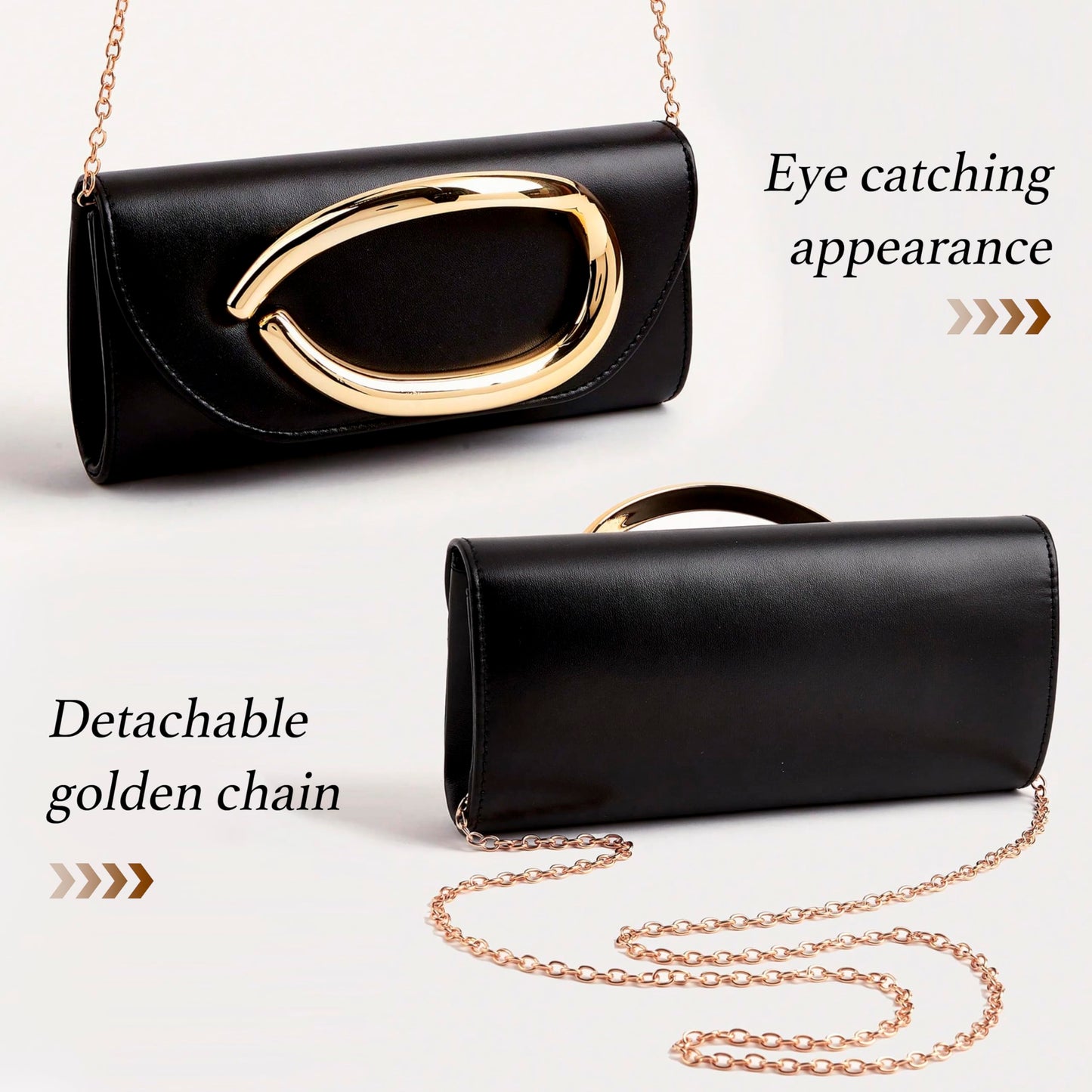 Popizard Clutch Purses for Women - Black Evening Bag with Chain Elegant Dressy Formal Handbag Metal Handle Purse