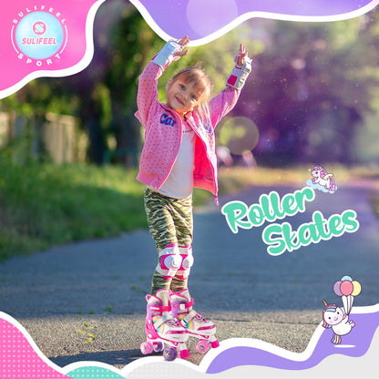 SULIFEEL Rainbow Unicorn 4 Size Adjustable Light up Roller Skates for Girls Boys for Kids Beginners Rollerskates Pink Large