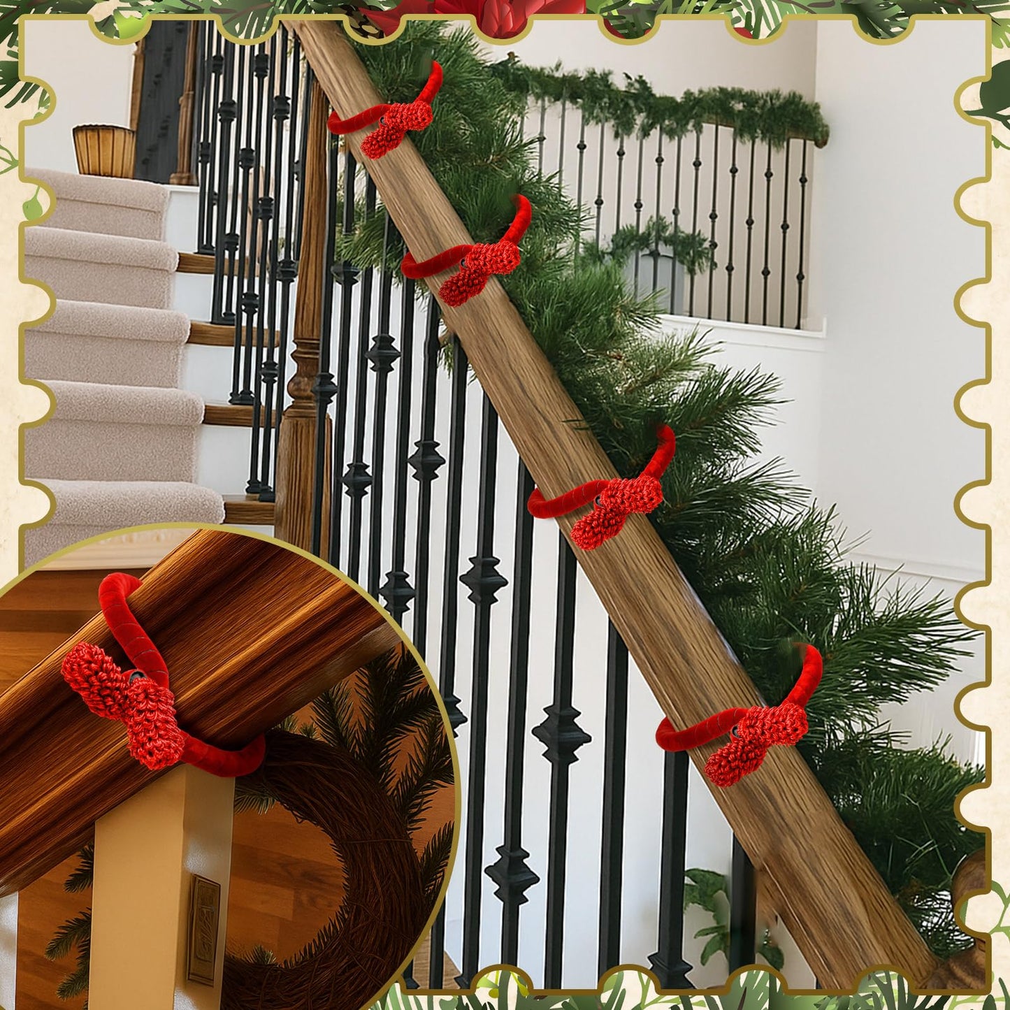 Jutom 16 Pcs 20 Inches Christmas Velvet Garland Ties Decorative Banister Twist Ties Reusable and Flexible for Xmas Light Banisters Home Stairways Railings Decoration(Red)