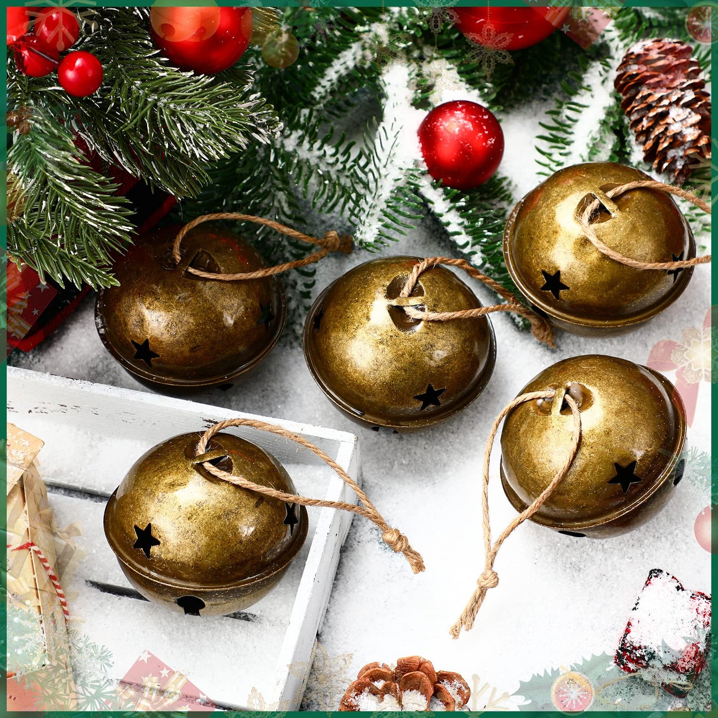Zhengmy 8 Pcs Jumbo 3.15'' Christmas Star Cutouts Bells for Craft Large Bells Xmas Ornament Christmas Tree Decor (Brass)