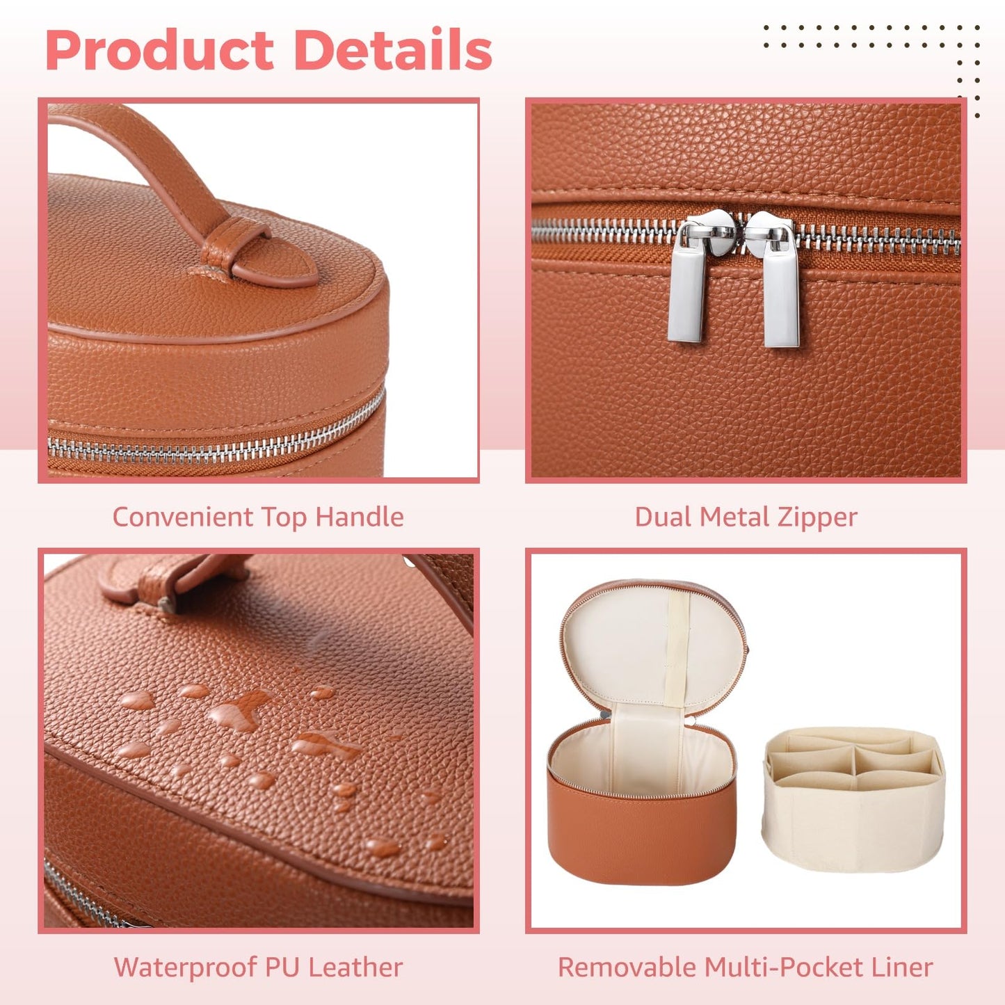 Makeup Vanity Bag for Women - Large Capacity Cosmetic Organizer with Removable Liner, Waterproof PU Leather Skincare Bag, Portable Chic Cosmetic Make Up Case for Skincare, Brushes, Accessories, Brown