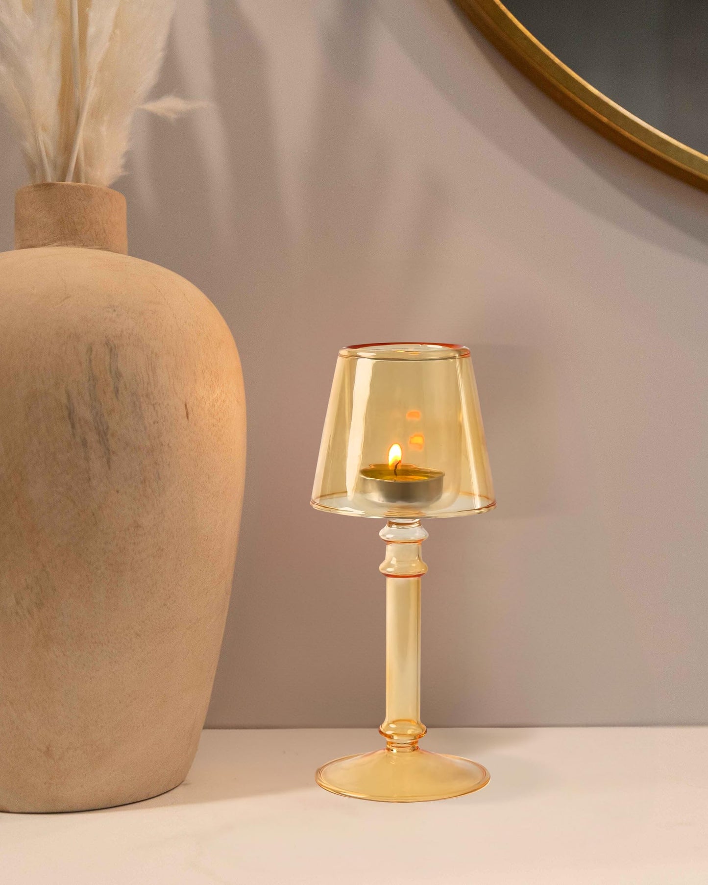 Gurfuy Amber Glass Hurricane Candleholder - Desk Lamp Shaped Glass Hurricane Candle Holder Crystal Decorative Candle Stand for Table Wedding Dinning Centerpieces Party Supplies Festival Decor