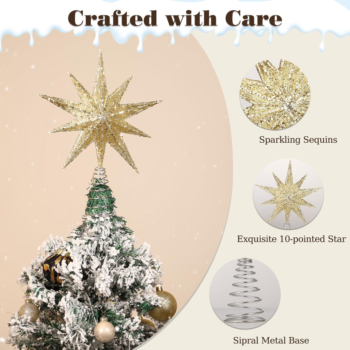 Lewondr Christmas Tree Topper Star, 13inch Xmas Tree Topper with LED Light Beads, Remote & USB Operated 10-Point Star Treetop for Home Christmas Decoration, 6H Timer & 8 Lighting Modes, Gold