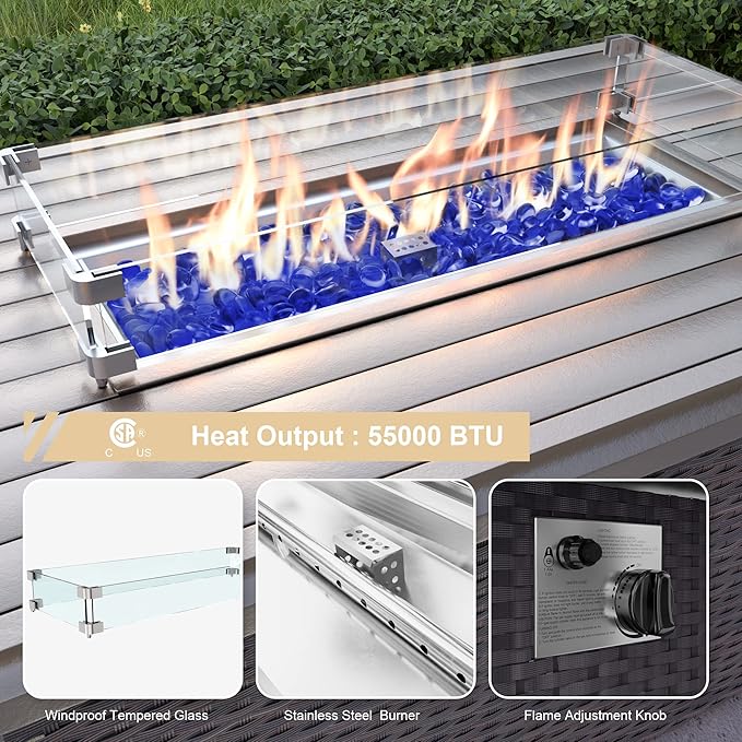 ALAULM 15 Pieces Outdoor Patio Furniture Set with Propane Fire Pit Table Outdoor Sectional Sofas Patio Furniture 43" Gas Fire Pit Brown PE Rattan Patio Conversation Set w/12 Cushions-Sand