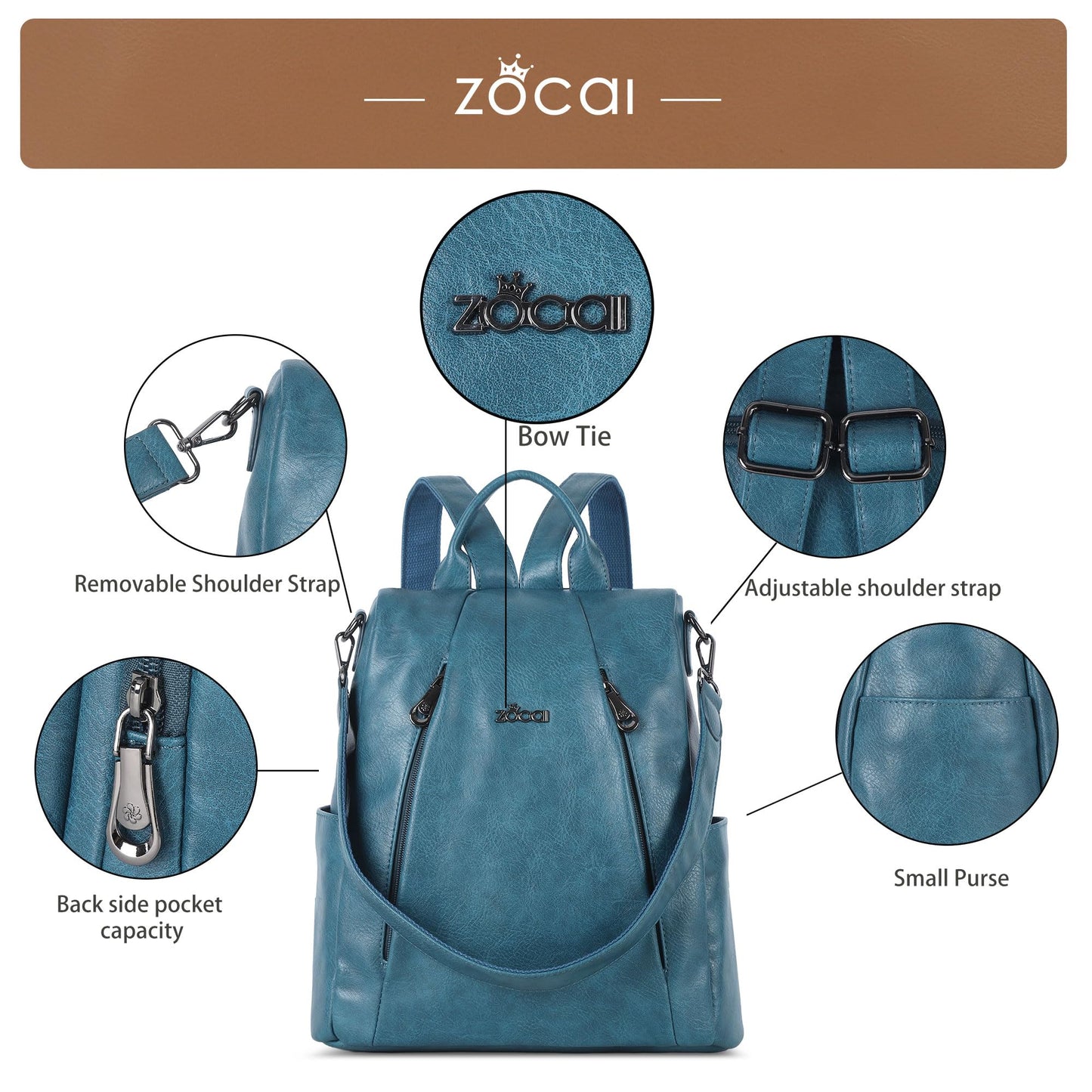 ZOCAI Backpack Purse for Women Medium Anti-Theft Backpacks Purses Design Leather Shoulder Bags with Removable Strap