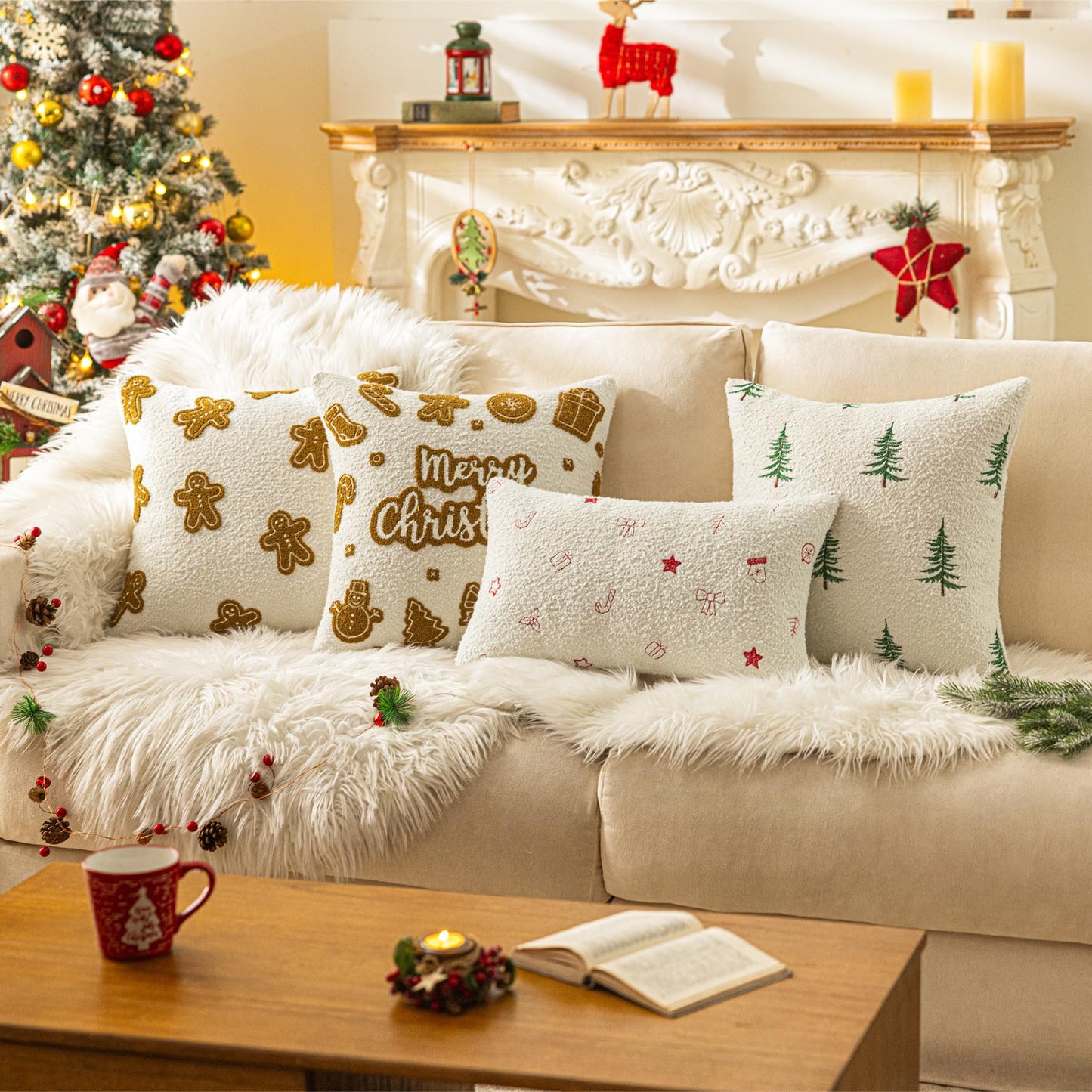 SINYASAN 1 Pack Christmas Tree Throw Pillow Covers 18"x18" White Boucle Pillow Cases with 3D Embroidery Decorative Holiday Winter Thanksgiving Decorations for Couch Sofa Living Room