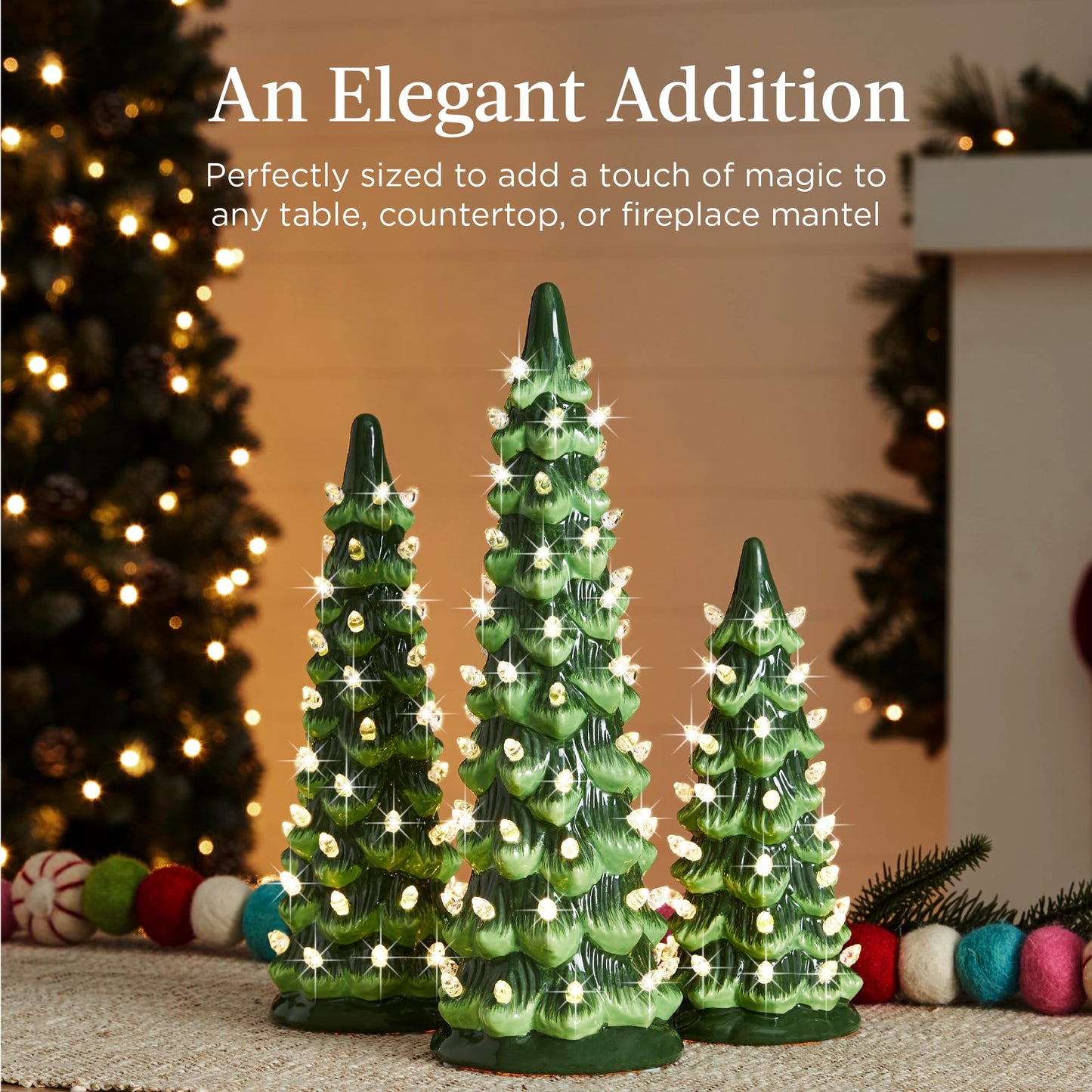 Best Choice Products Set of 3 Ceramic Christmas Trees, Pre-Lit Hand-Painted Tabletop Holiday Decoration w/Warm White Bulbs LED Lights – Green