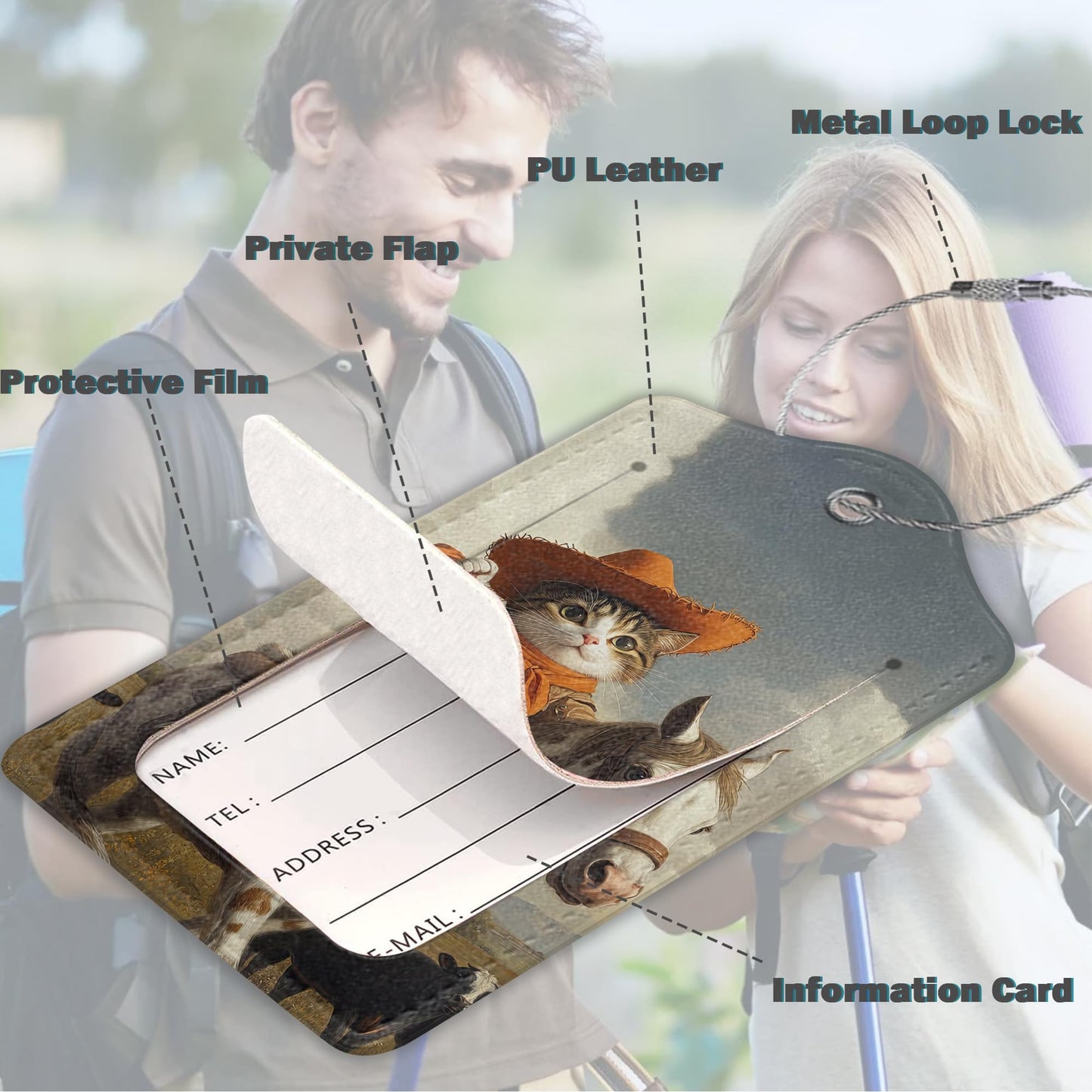 3 Pack Luggage Tag for Suitcase Leather Travel Cruise Luggage Tag with Stainless Steel Loop Name ID Label Privacy Cover for Adults Teens Travel Bag Labels Set (Cowboy Cat)