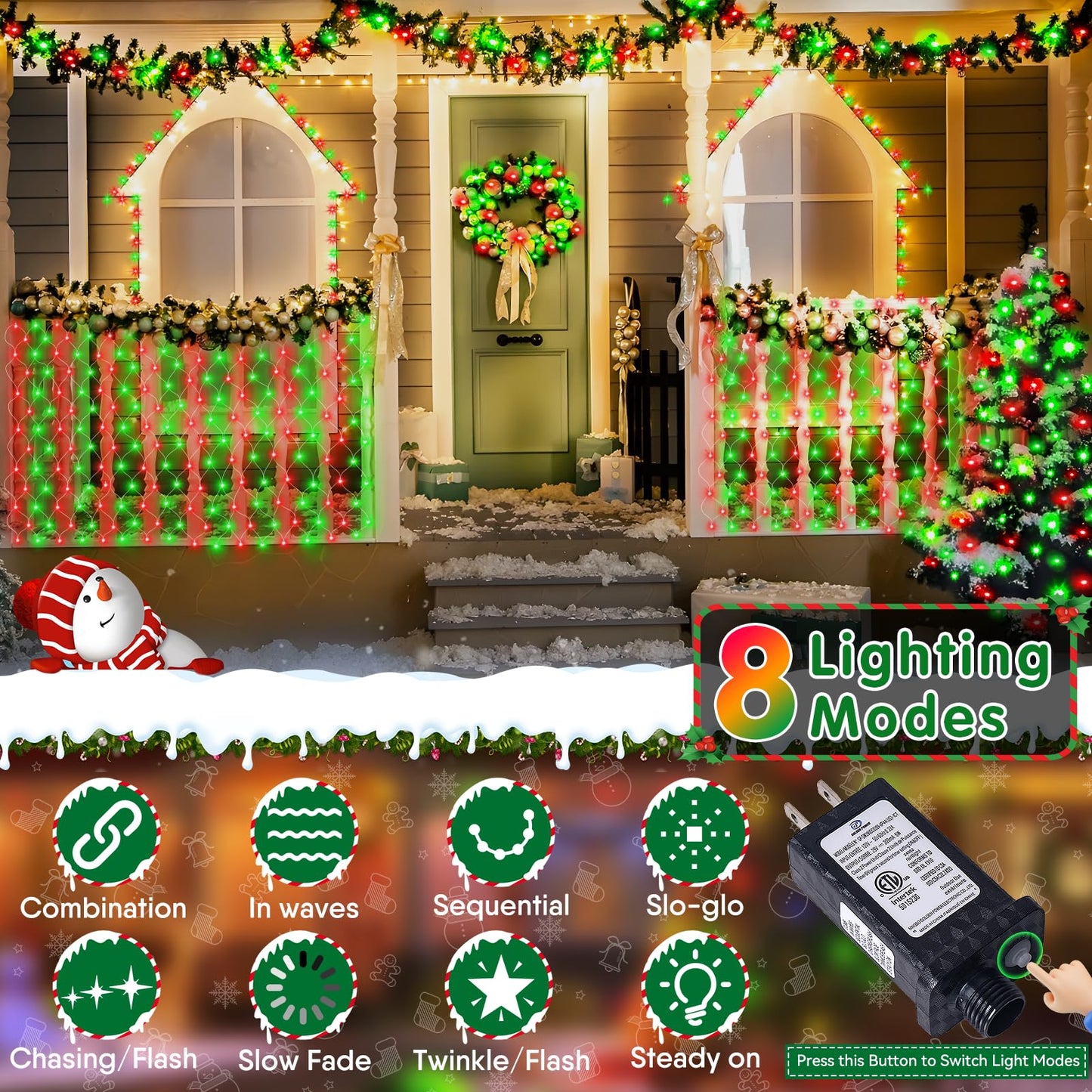 Hezbjiti Christmas Net Lights Outdoor 200 LED 6.9FT x 5.4FT Clear Wire with 8 Modes, Connectable Plug in Waterproof, Timer Memory Function for Xmas Tree Bushes Porch Lawn Windows Decor（Red Green）