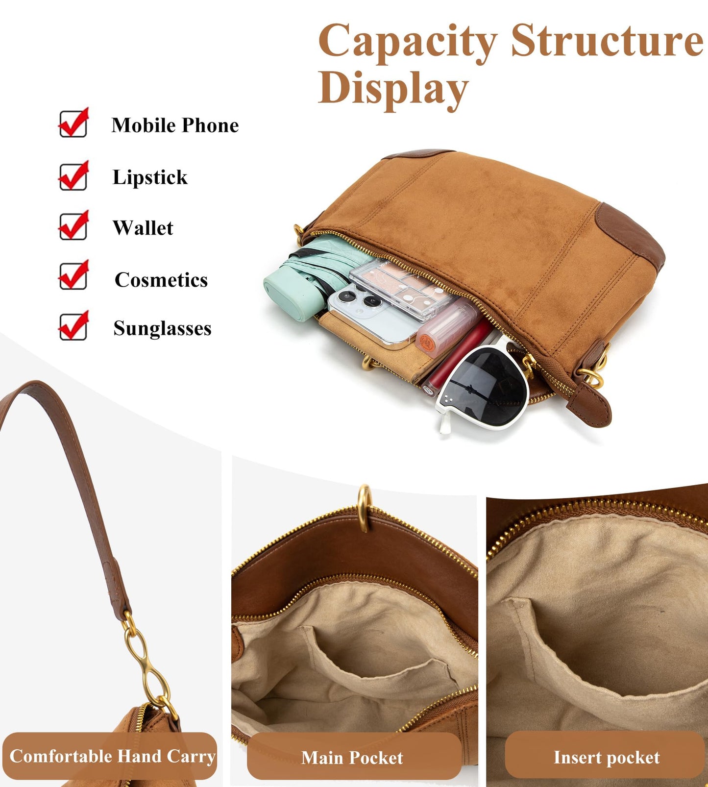 KingTo Shoulder Bag for Women Small Hobo Purse with Metal Pendant Embellished Retro Handbag Satchel (Brown)