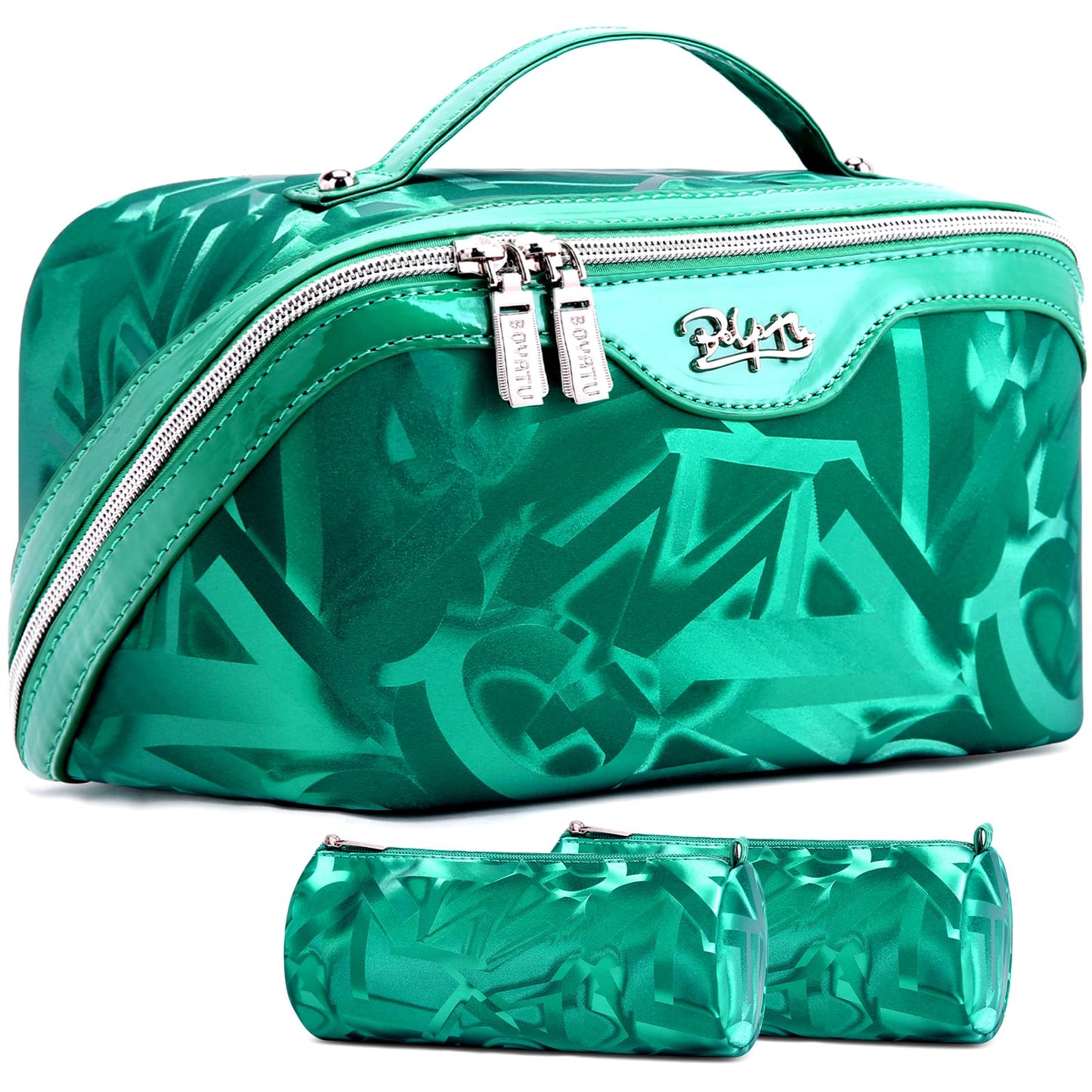 BOYATU Travel Makeup Bag for Women: Y2K Aesthetic Personalized Glossy 3 Pcs Set Cosmetic Organizer Bag - Trendy Statement Toiletry Pouches for Forward Women - Stand Out at Festivals & Trips(A-1-Green)