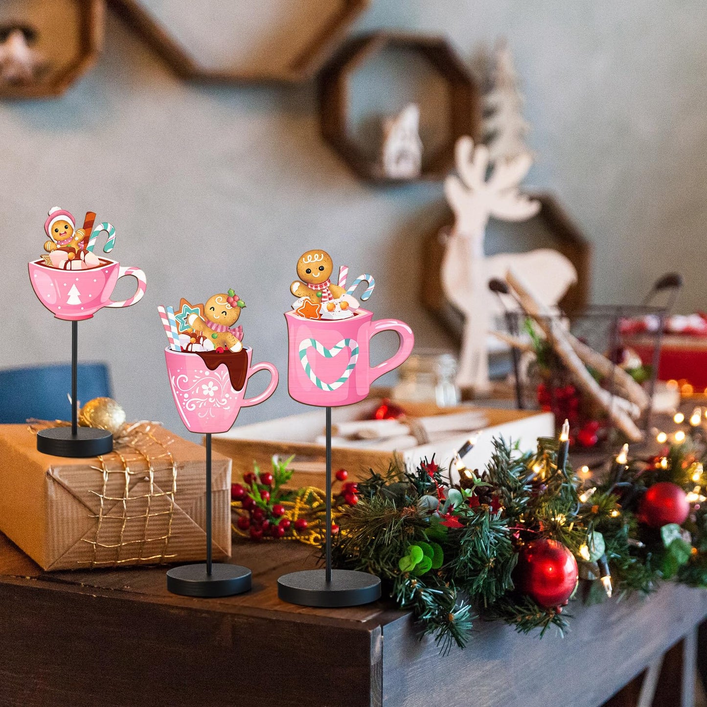 Kathfly 3 Pcs Pink Gingerbread Christmas Table Decor Wooden Gingerbread Man Table Centerpieces Hot Cocoa Bar Tabletop Sign for Christmas Coffee Home Winter Holiday Party Decorations